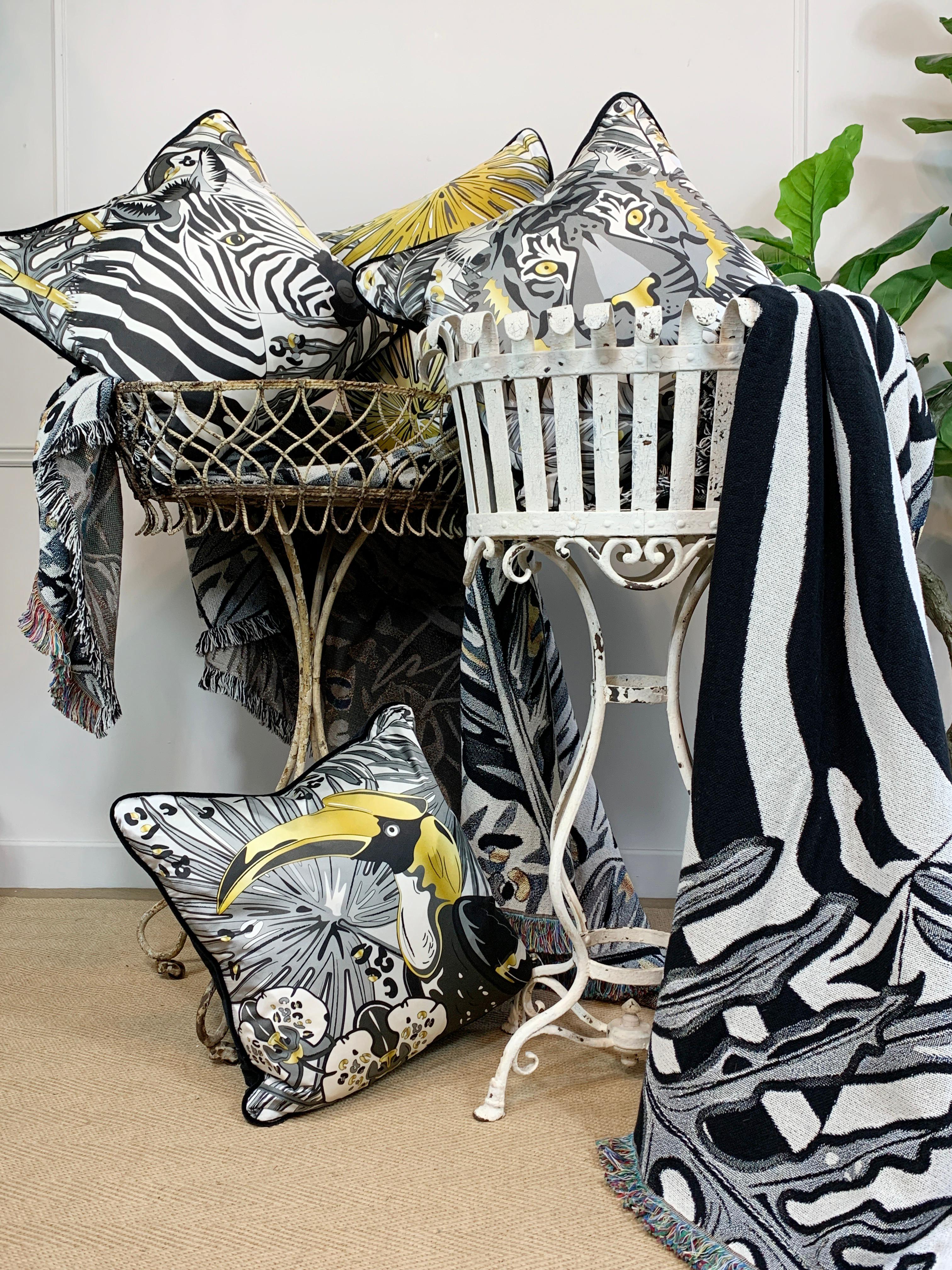 Hornbill Luxury Silk Pillow, Monochrome and Gold The Tropics Collection For Sale 3