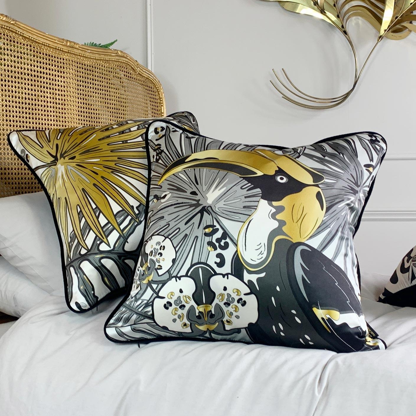 English Hornbill Luxury Silk Pillow, Monochrome and Gold The Tropics Collection  For Sale
