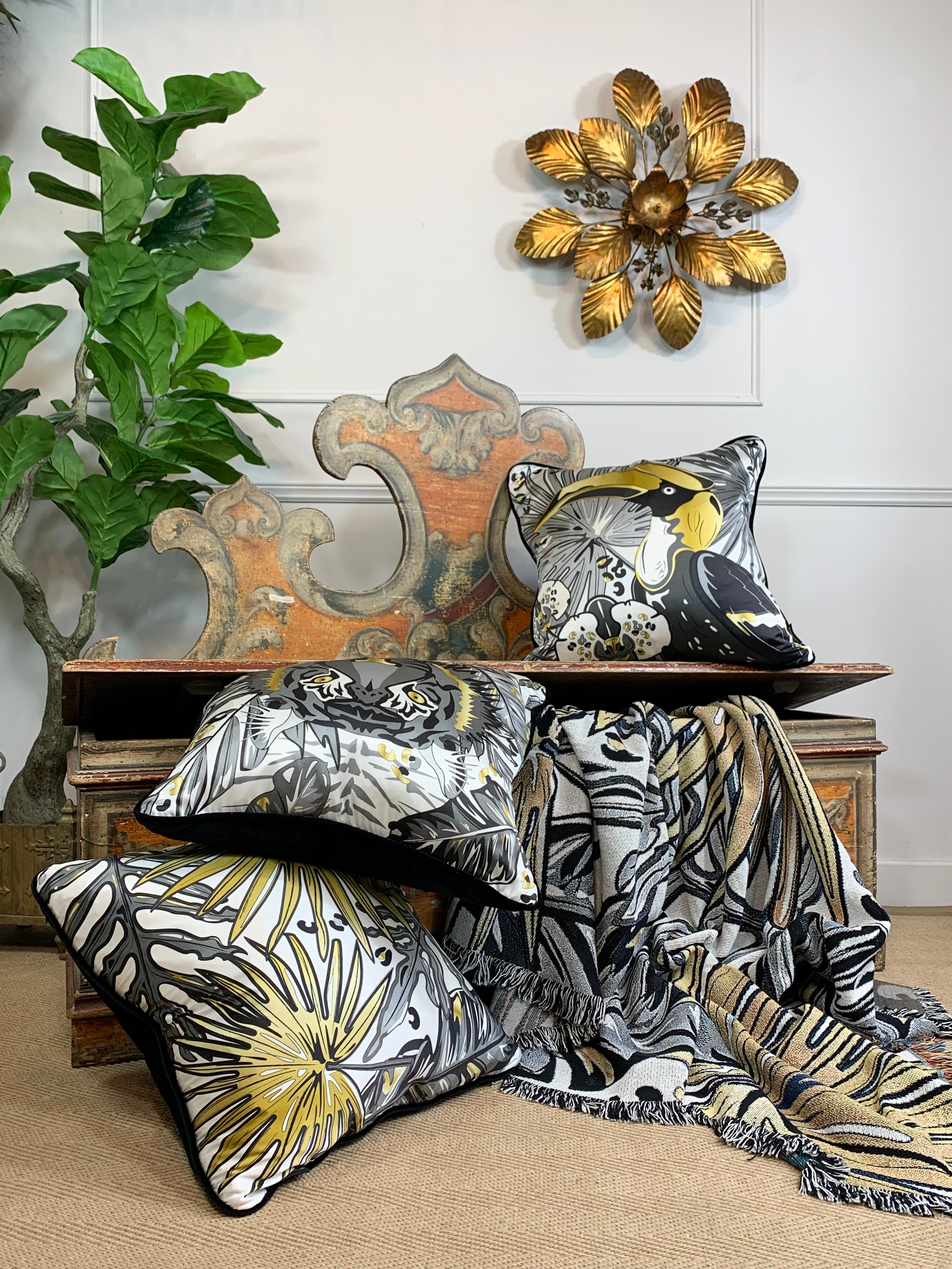 Modern Hornbill Luxury Silk Pillow, Monochrome and Gold The Tropics Collection  For Sale