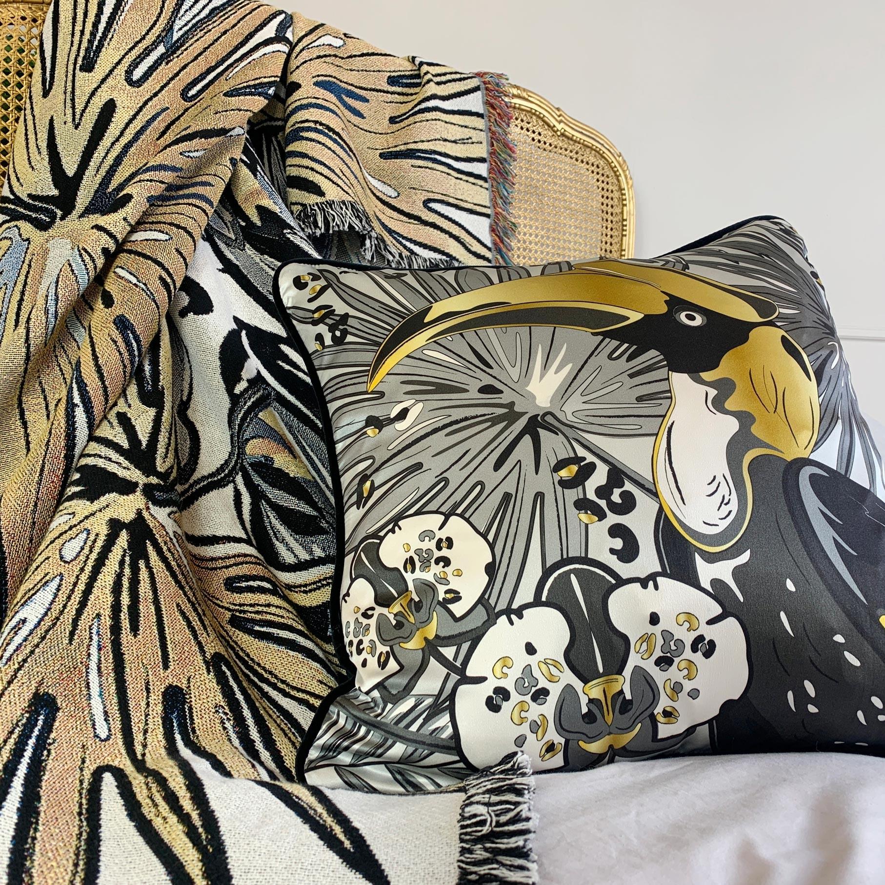 Contemporary Hornbill Luxury Silk Pillow, Monochrome and Gold The Tropics Collection  For Sale