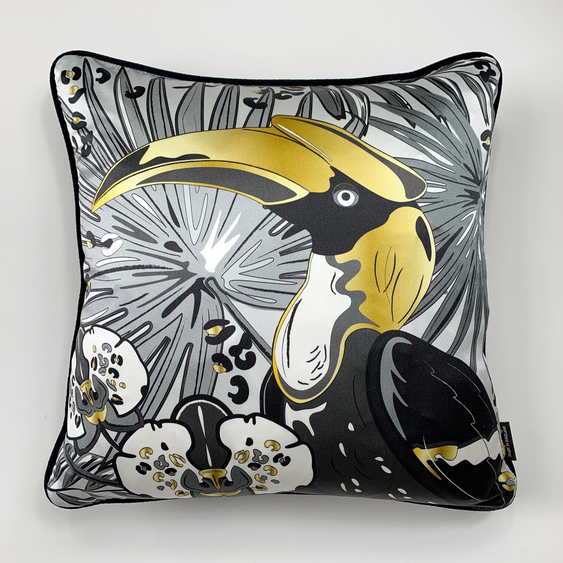 Cotton Hornbill Luxury Silk Pillow, Monochrome and Gold The Tropics Collection  For Sale