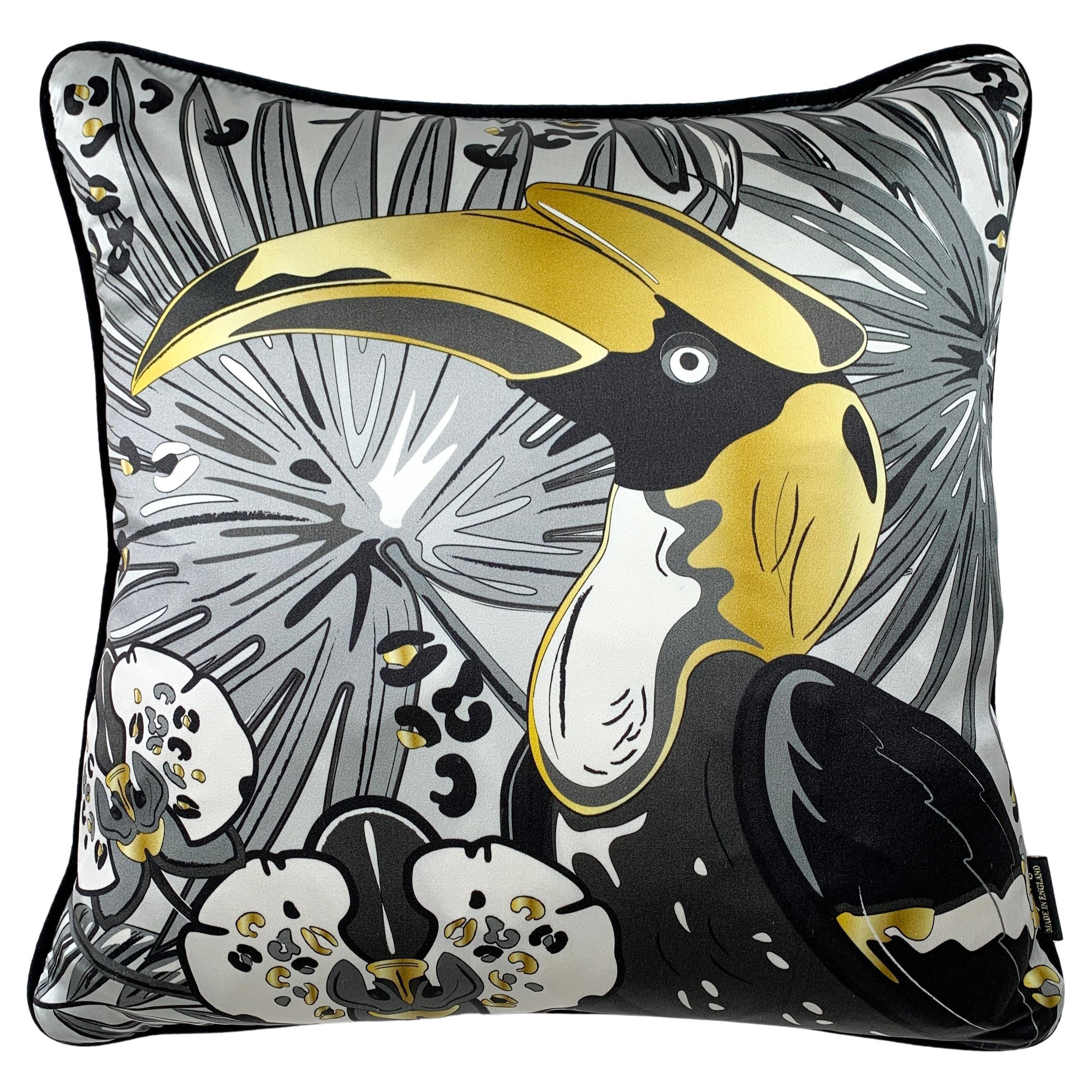 Hornbill Luxury Silk Pillow, Monochrome and Gold The Tropics Collection  For Sale