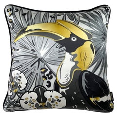 Hornbill Luxury Silk Pillow, Monochrome and Gold The Tropics Collection 