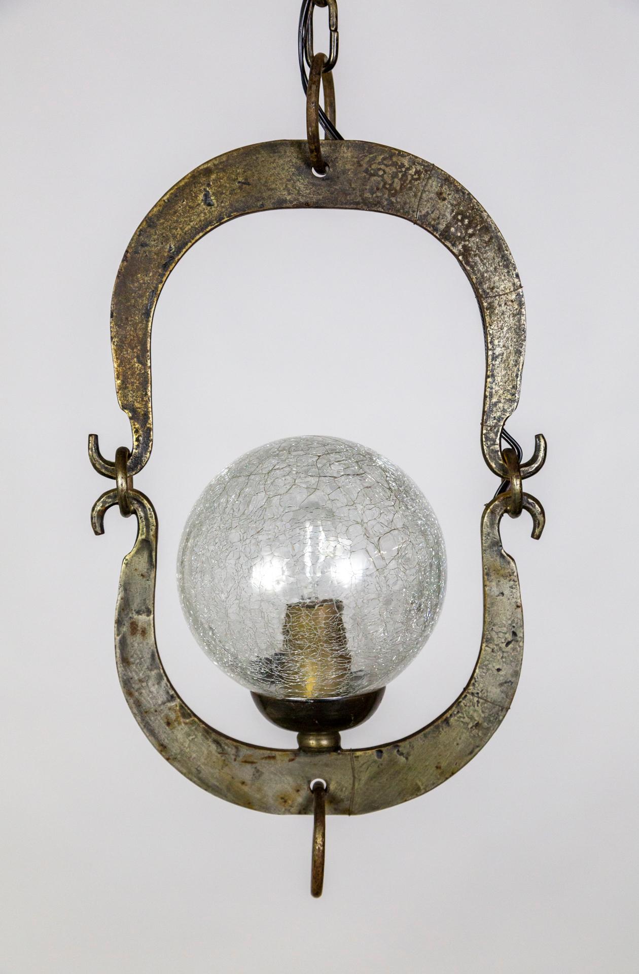 Horned Moon Crackle Glass & Metal Pendant Light In Good Condition For Sale In San Francisco, CA