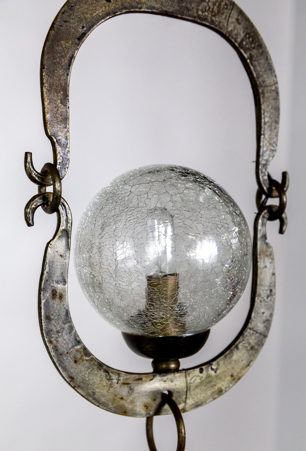 20th Century Horned Moon Crackle Glass & Metal Pendant Light For Sale