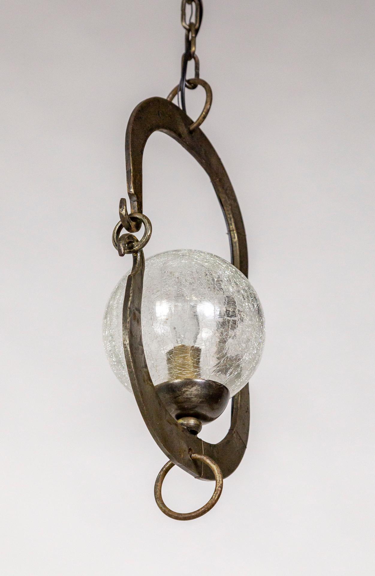 Horned Moon Crackle Glass & Metal Pendant Light For Sale 2