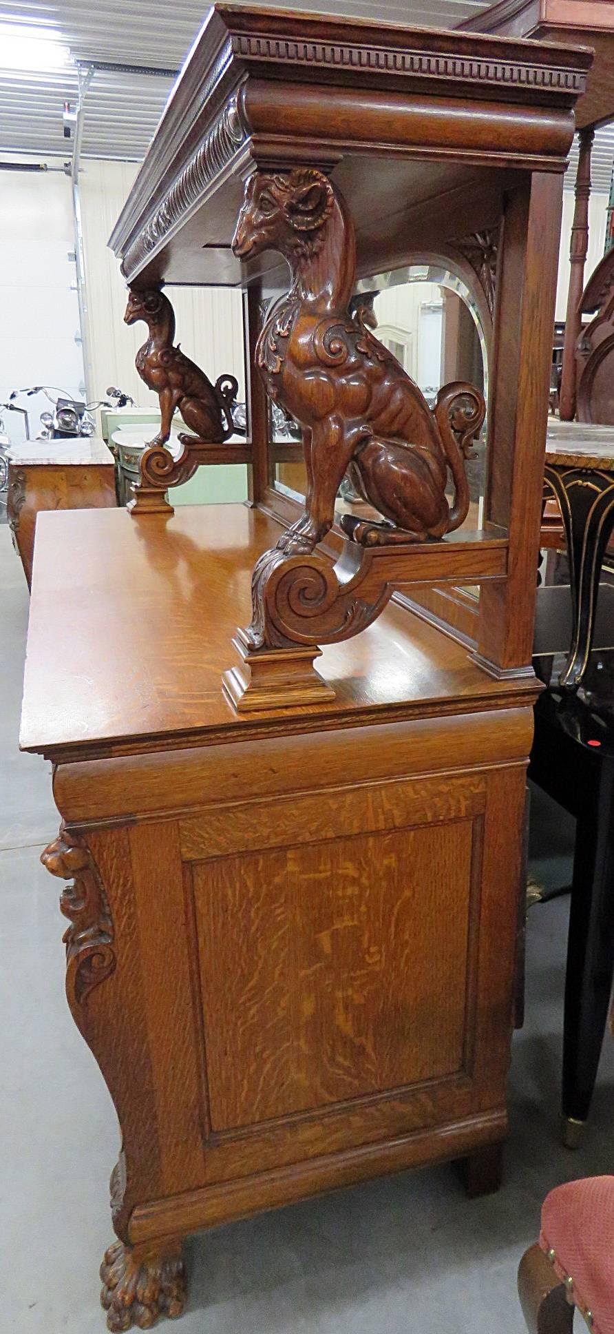 Carved Solid Quarter Sawn Oak RJ Horner Style Sideboard Buffet Server with Mirror