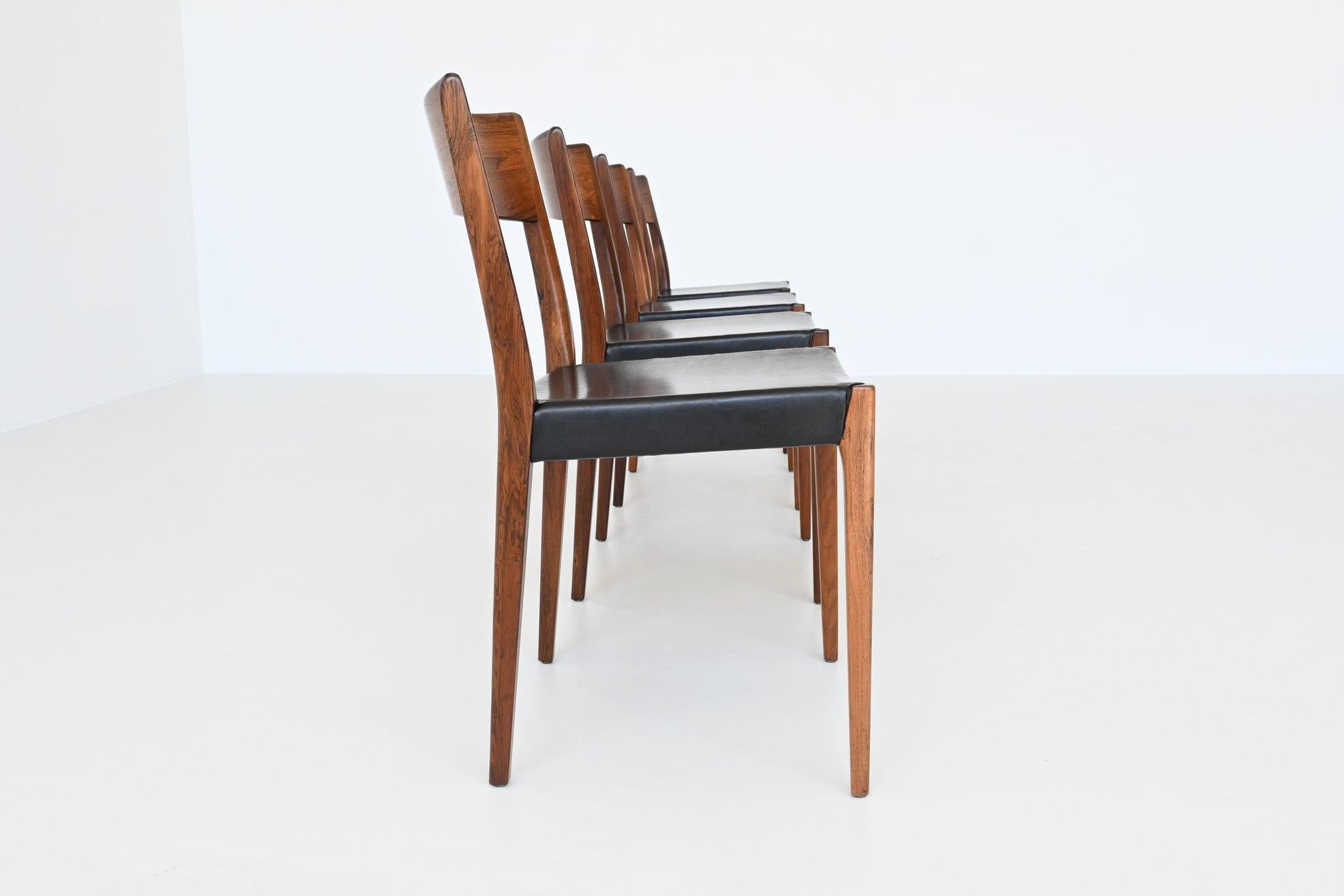Leather Hornslet Mobelfabrik Rosewood Dining Chairs, Denmark, 1960