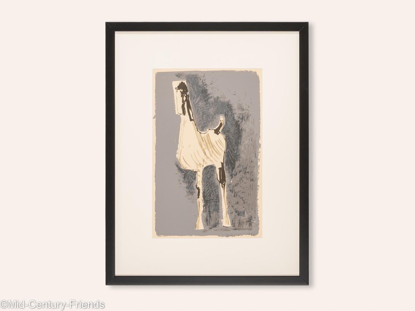 Marino MARINI graphic art showing a horse. Original Dietz-Replica in different colors from the 1960s. Signed and dated in the print. Color screen printing on thick paper. Ready to hang, framed with a black passepartout in a real wood picture frame