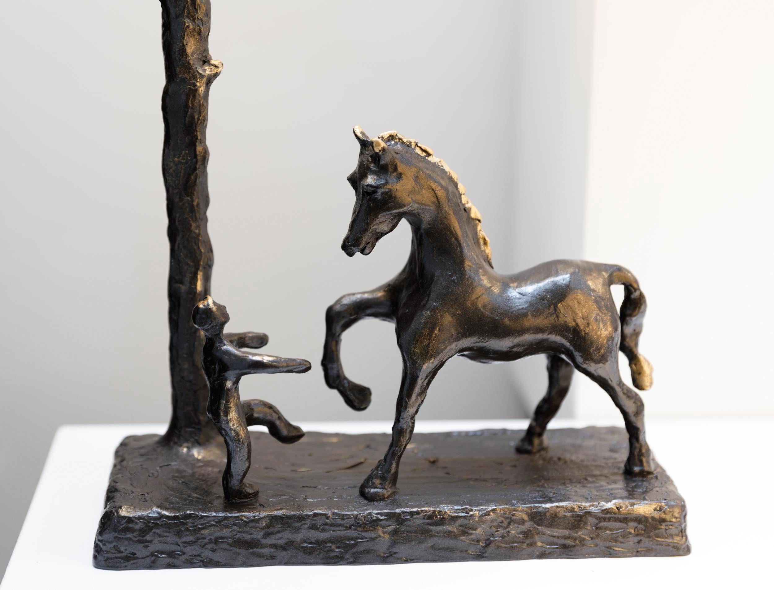 Modern One of a kind Horse & Boy sculptural table lamp, Resin cast For Sale