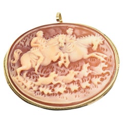 Horse and Dog Hunt Scene Cameo Pendant Brooch by Gennaro Borriello