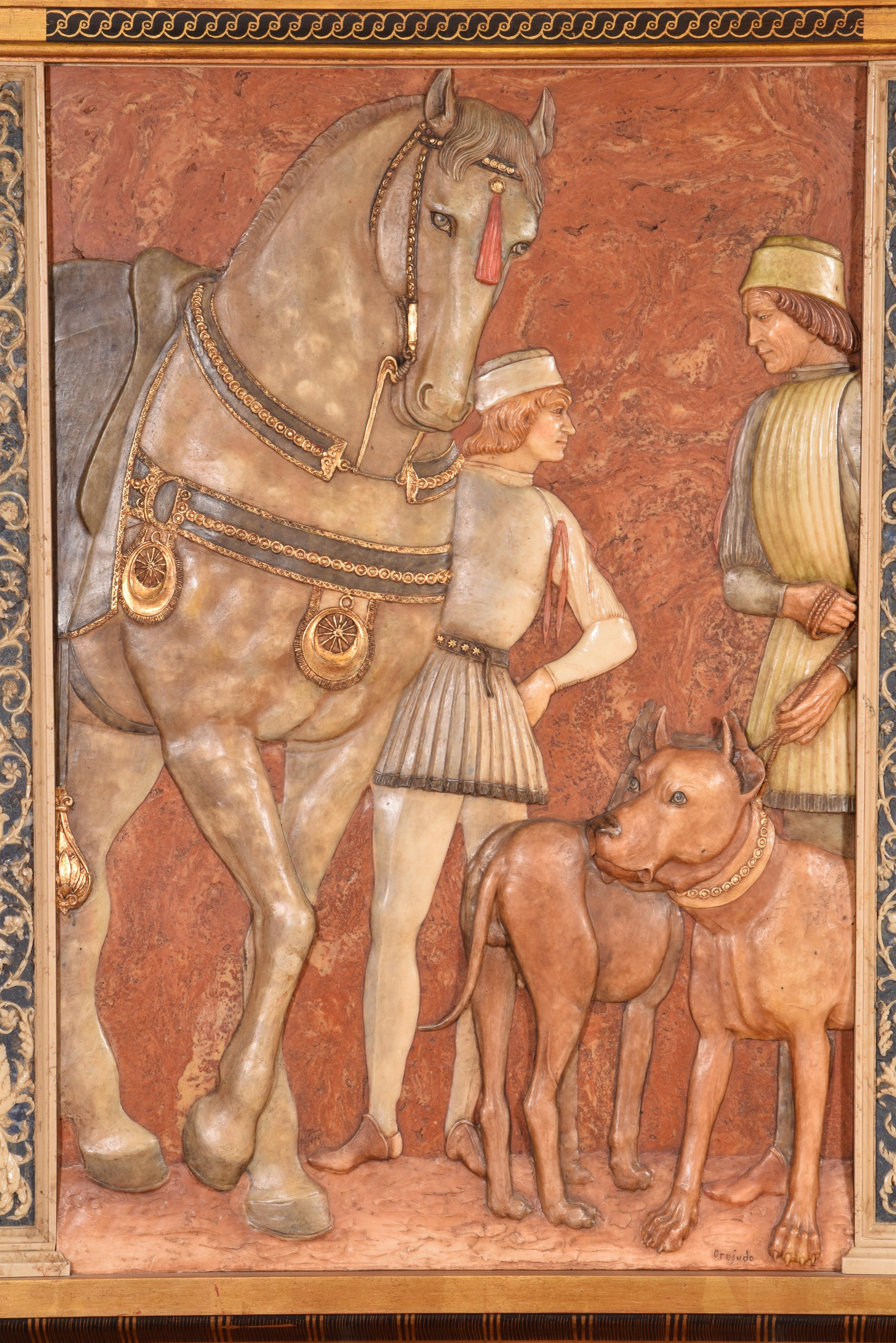 Renaissance Revival Horse and dogs with pages, relief. 20th century, after Mantegna. For Sale
