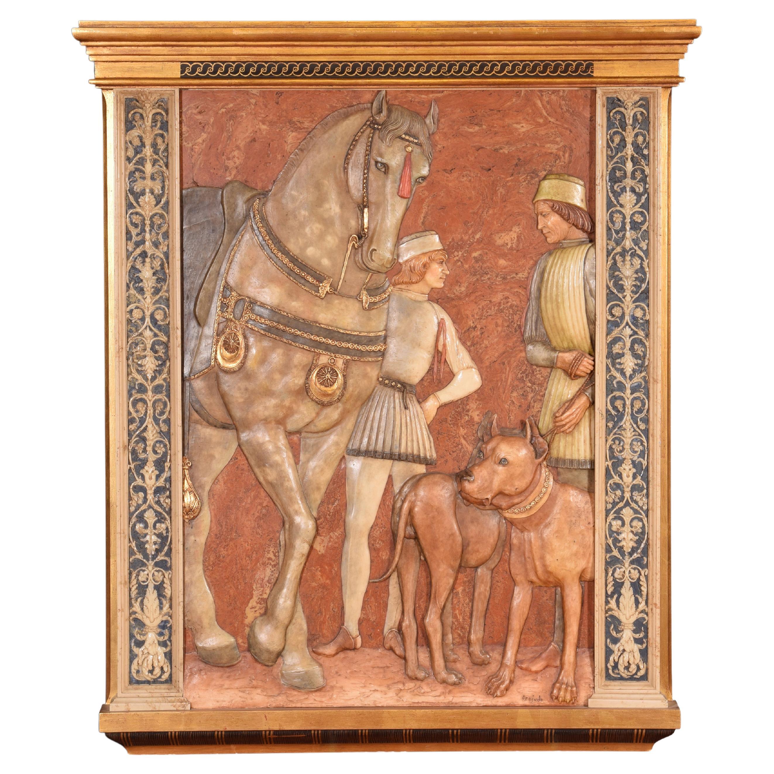 Horse and dogs with pages, relief. 20th century, after Mantegna. For Sale
