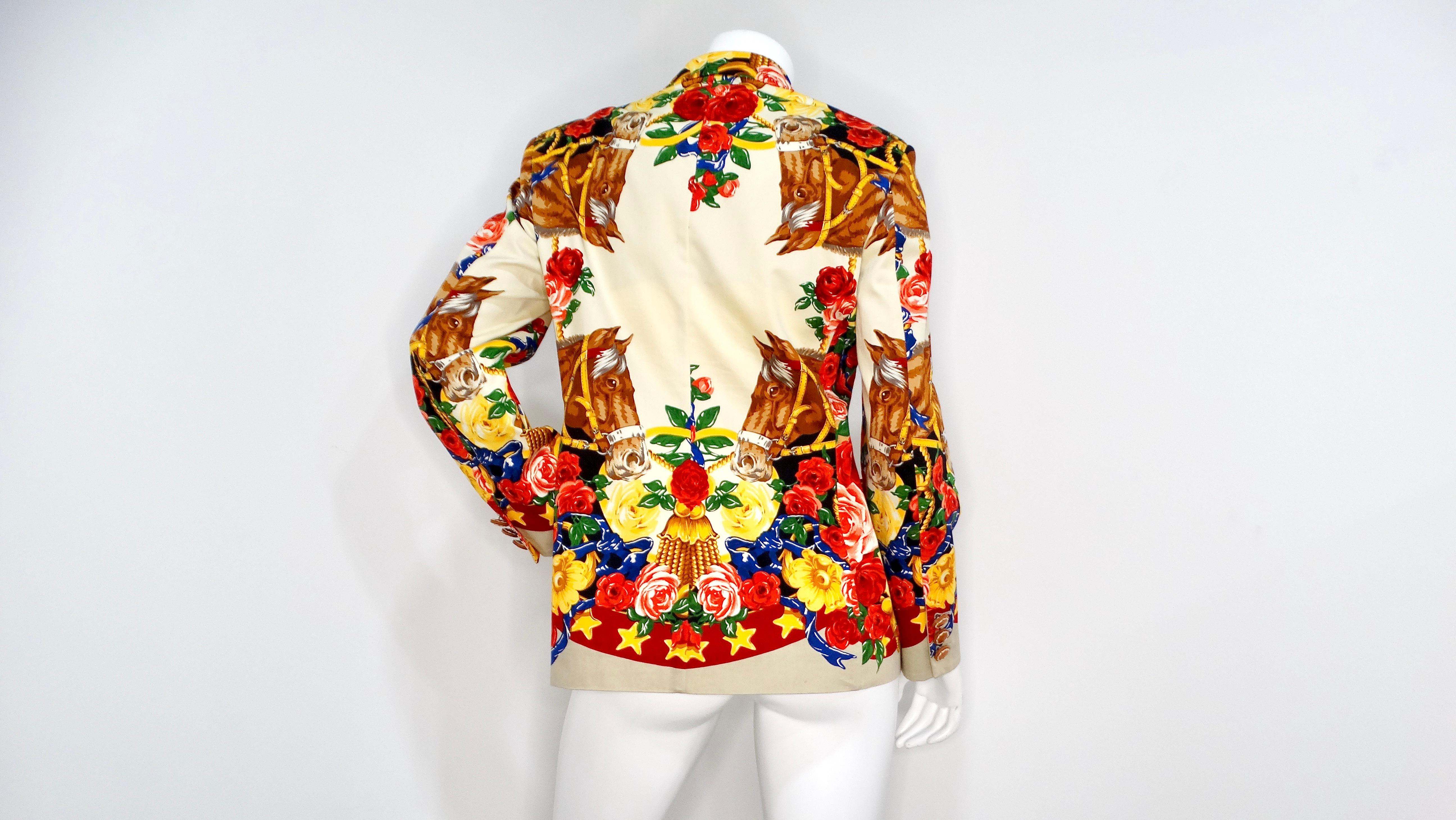 Introducing the Horse and Flower Print Cream Blazer with Leather Buttons, a captivating blend of whimsical design and sophisticated tailoring. This unique blazer features a delightful horse and flower motif, adorned with vibrant colors including