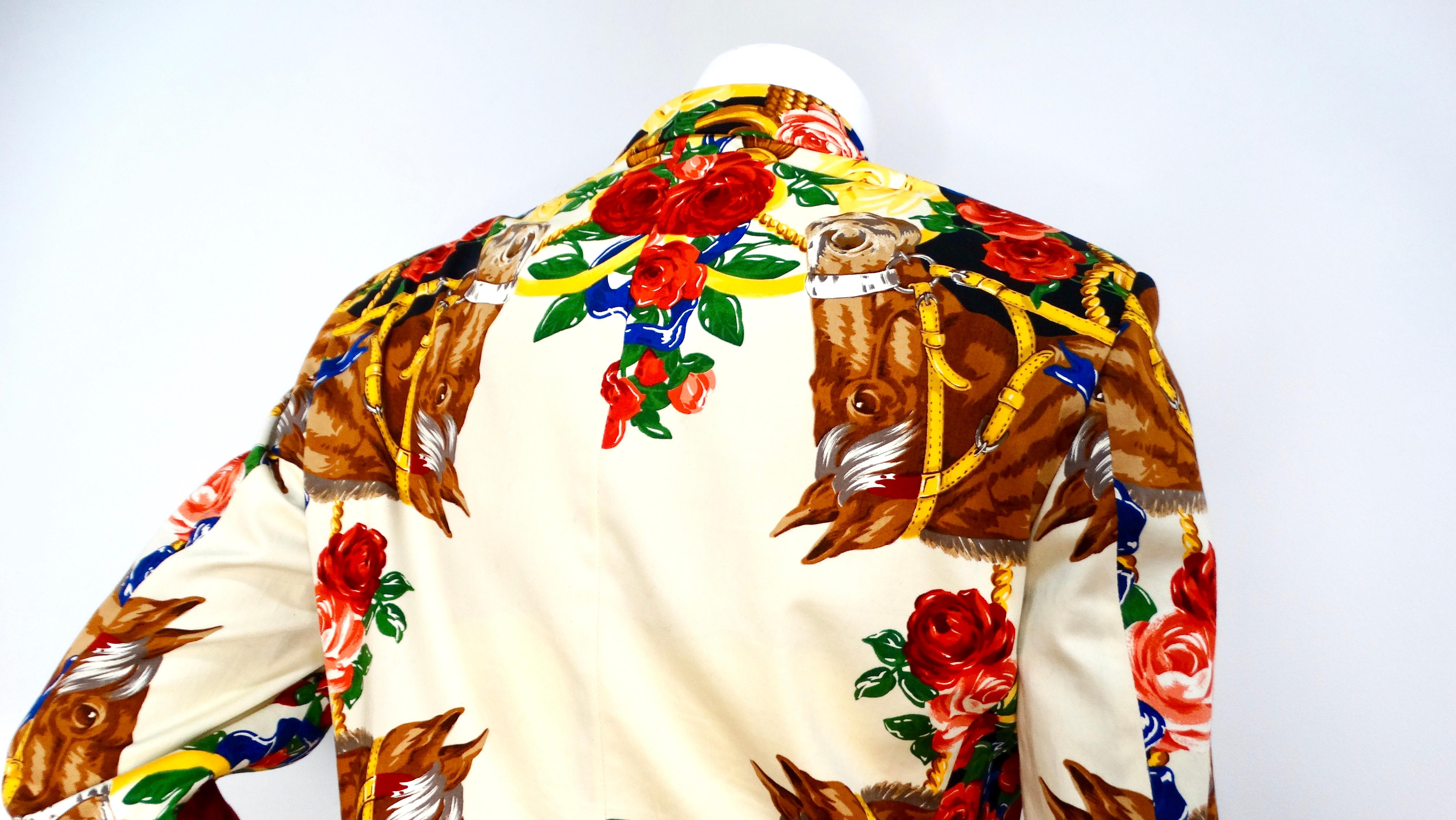 Orange Horse and Flower Print Cream Blazer With Leather Buttons For Sale