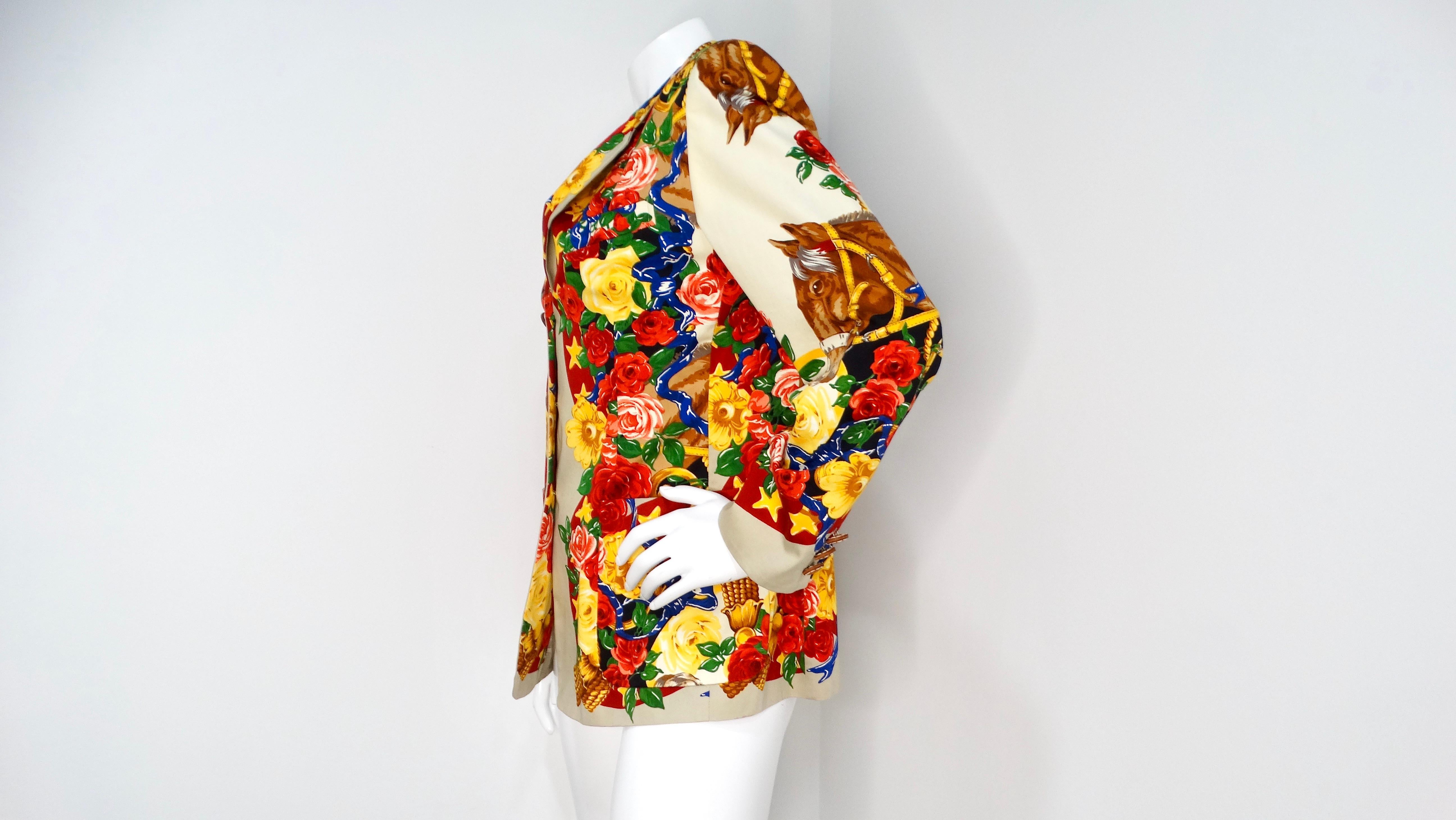 Horse and Flower Print Cream Blazer With Leather Buttons In Good Condition For Sale In Scottsdale, AZ