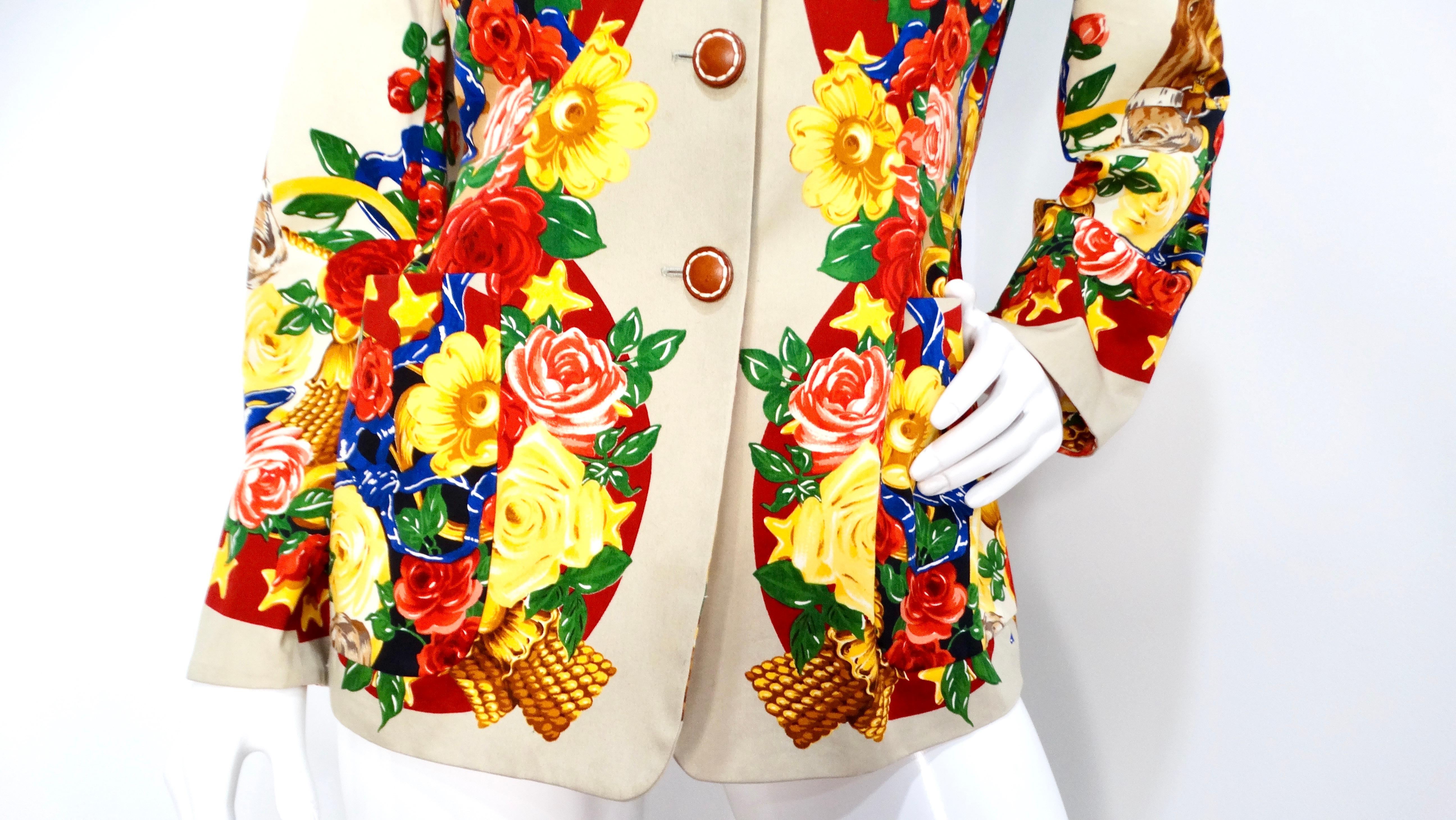 Horse and Flower Print Cream Blazer With Leather Buttons For Sale 1