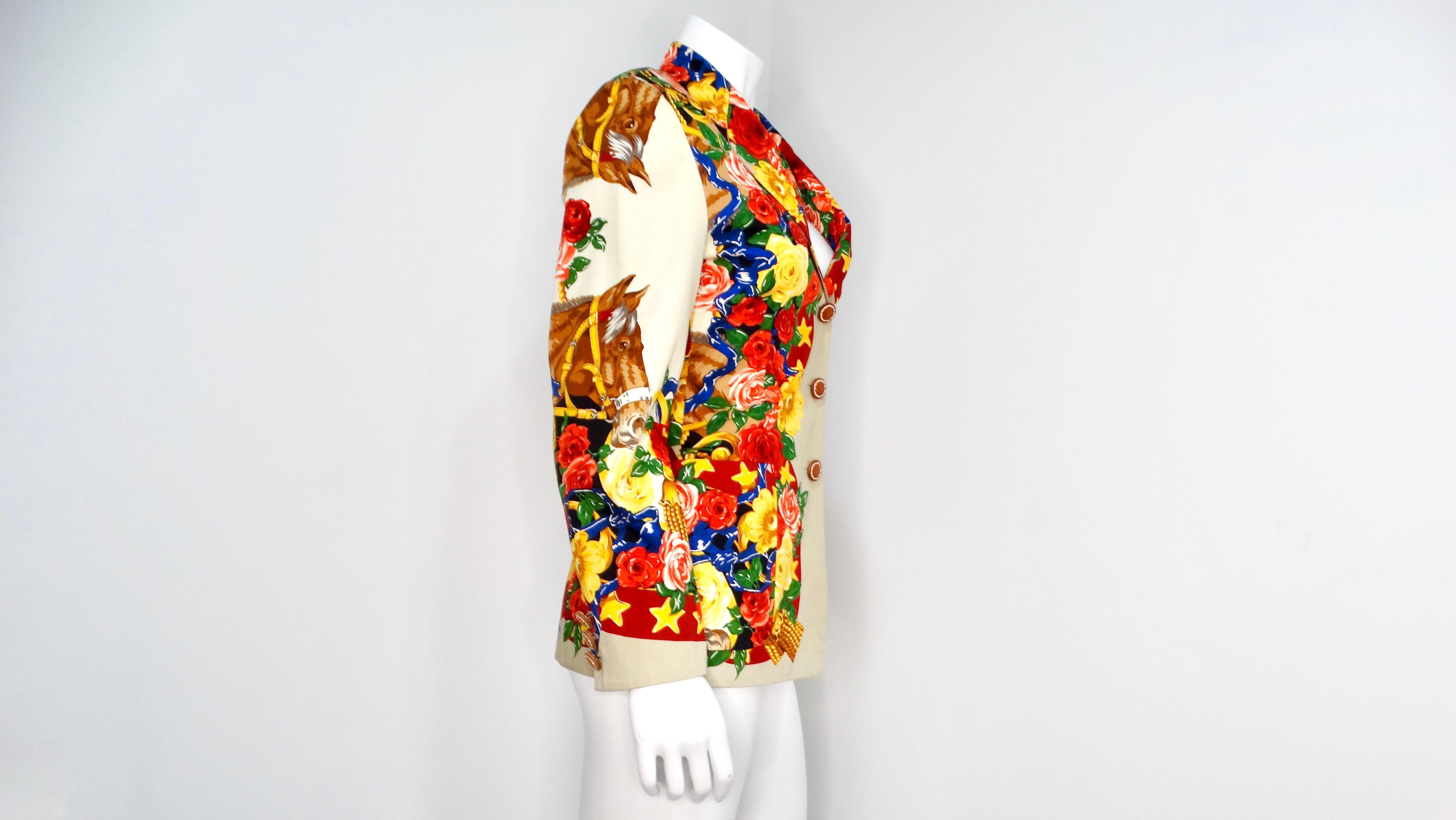 Horse and Flower Print Cream Blazer With Leather Buttons For Sale 2