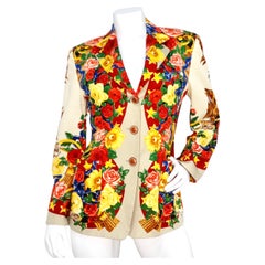 Horse and Flower Print Cream Blazer With Leather Buttons