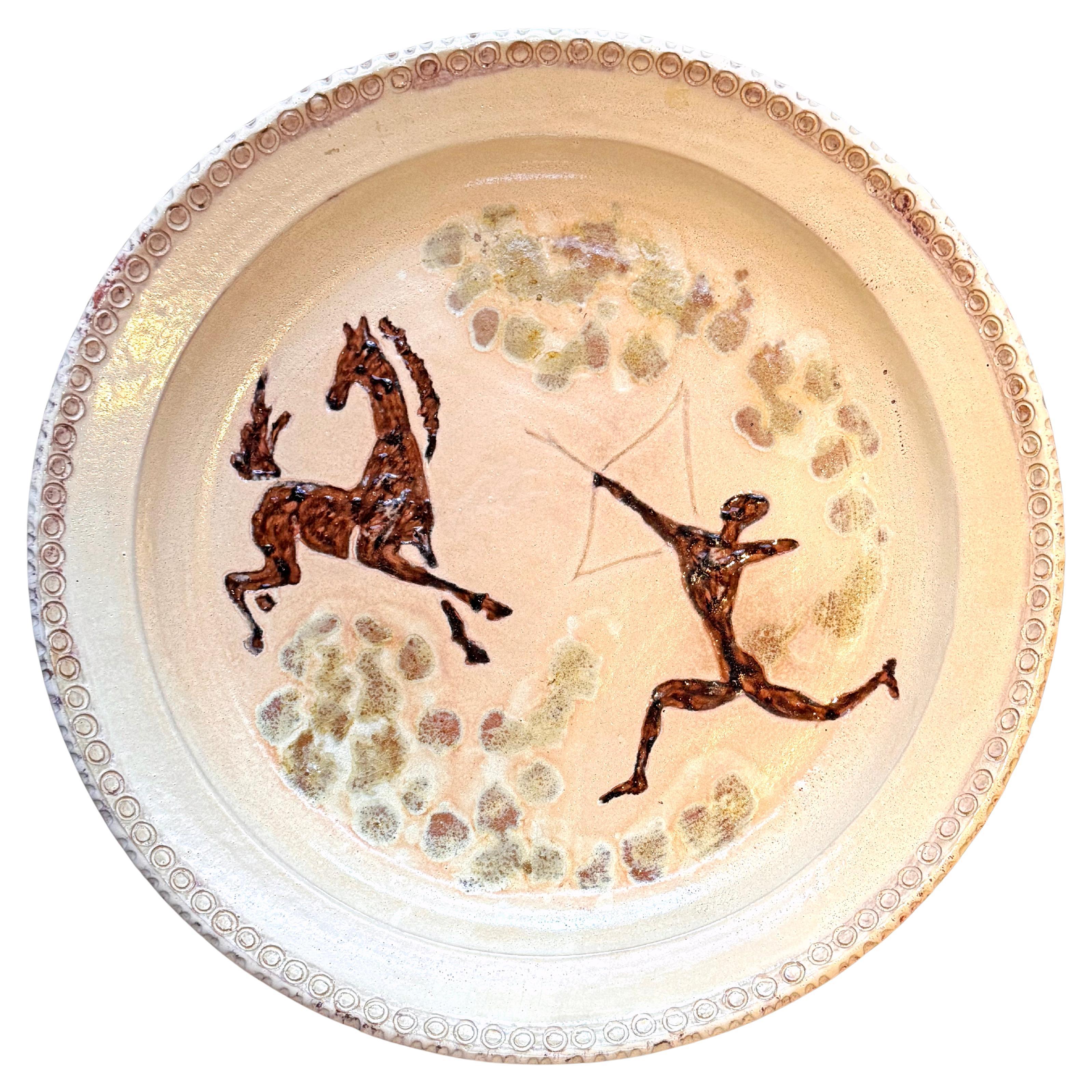 "Horse and Hunter", Monumental Mid Century Low Bowl or Charger, Vallauris For Sale