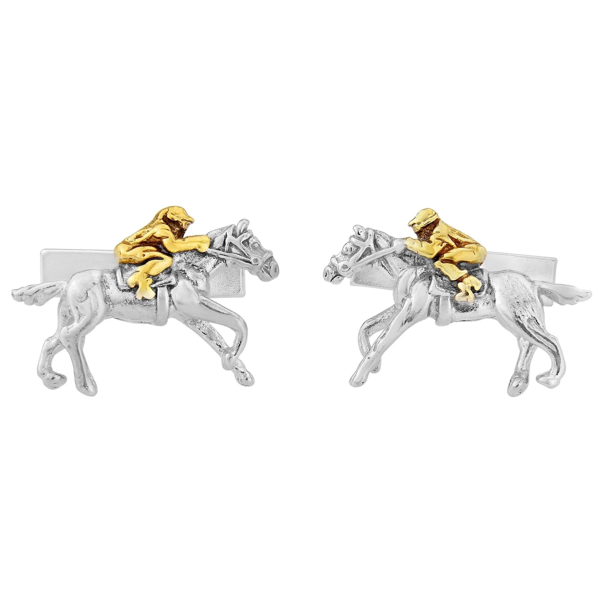 Horse and Jockey Cufflinks in Sterling Silver and 18 Karat Vermeil For Sale