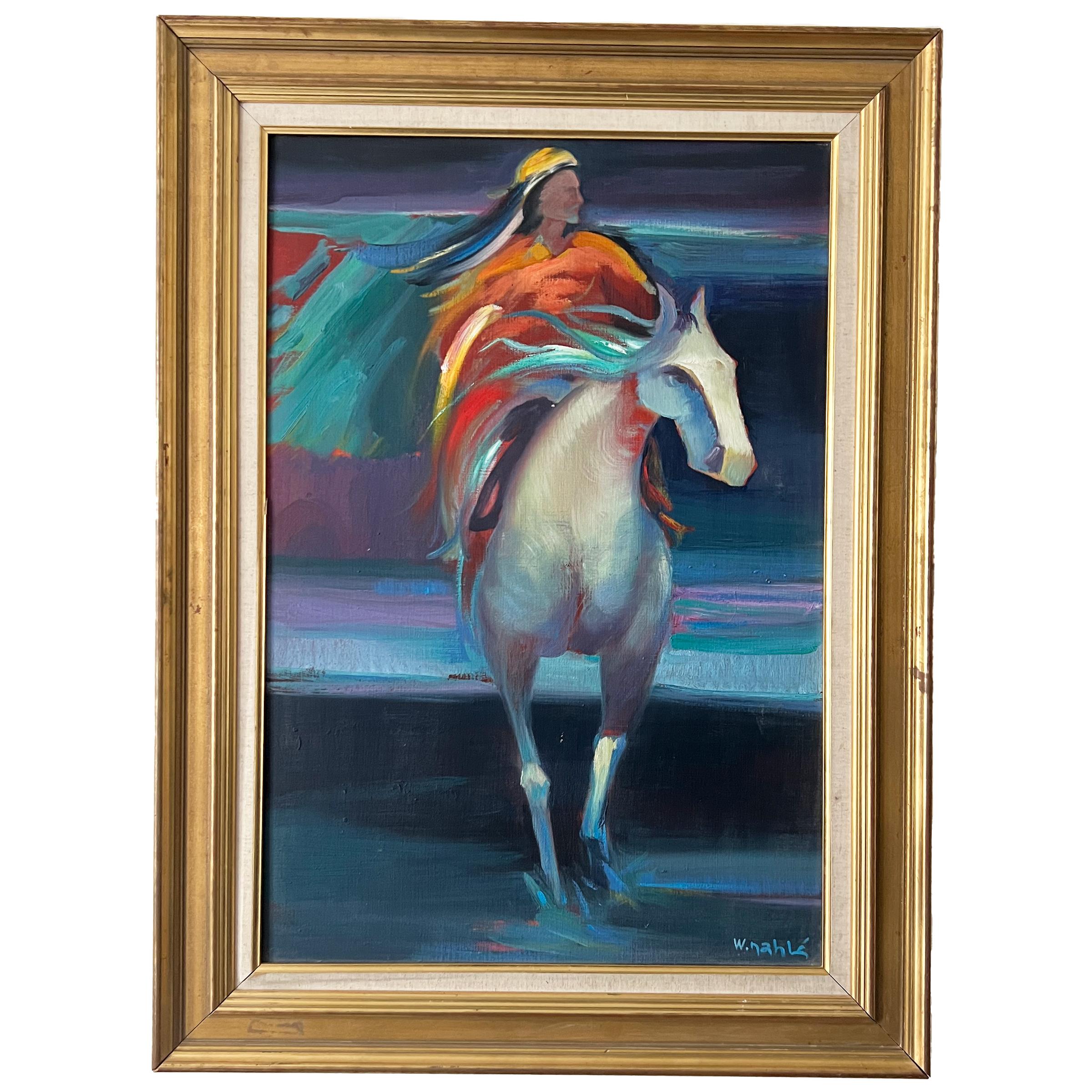 Oil on canvas painting features a dynamic scene of a woman riding a white horse. The background is awash in all shades of blue, creating a sense of motion and energy. The woman is dressed in an eye-catching orange dress, and her hair flies behind