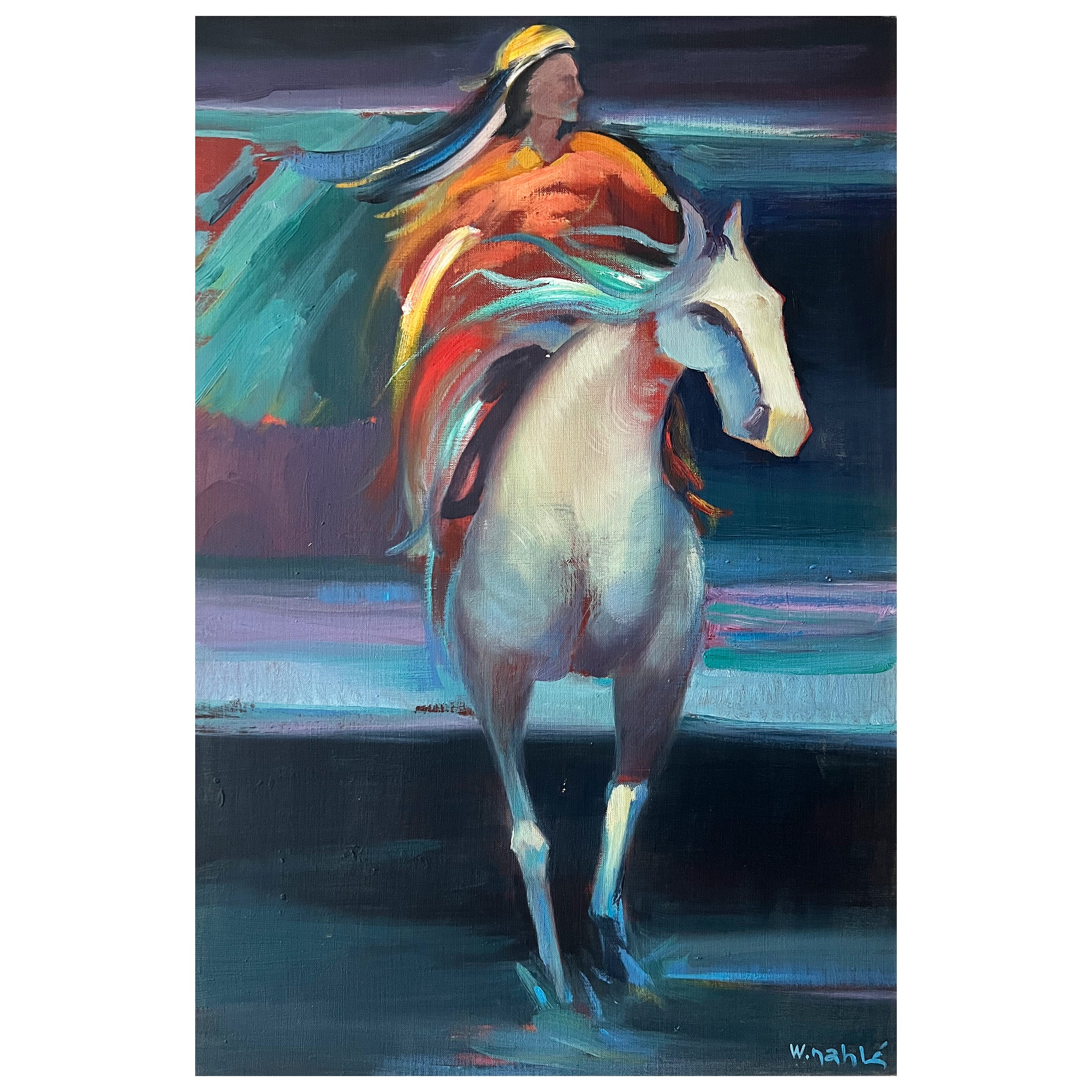 « Cheval et cavalier », peinture colorée à l'huile sur toile de Wajih Nahle « Libanais »