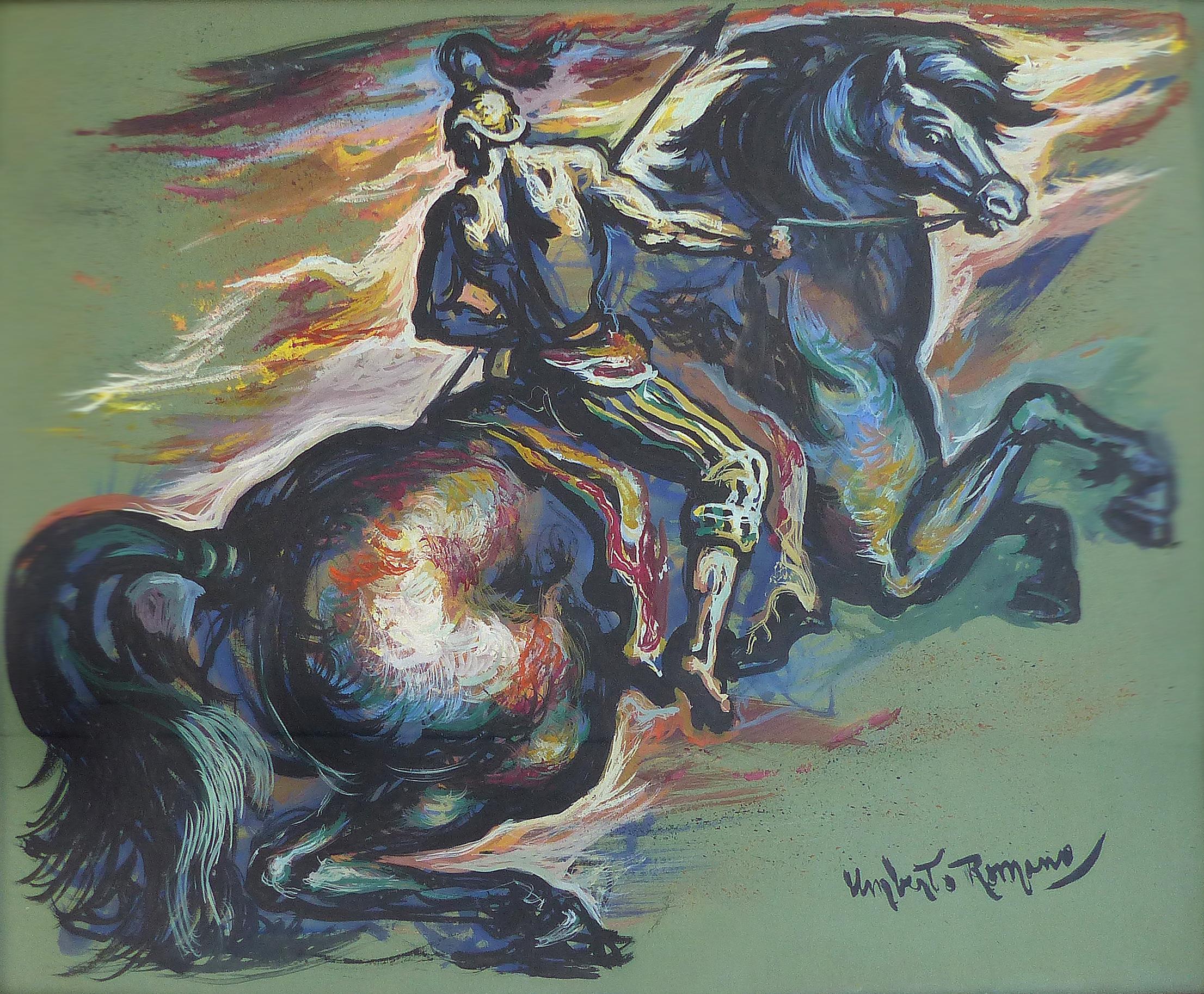 Umberto Romano 1953 Gouache Painting of a Horse and Rider 

Offered for sale is a dramatic Gouache on board painting by the highly collectible American artist Umberto Romano (1905-1982). The work encompasses vivid colors and a great sense of