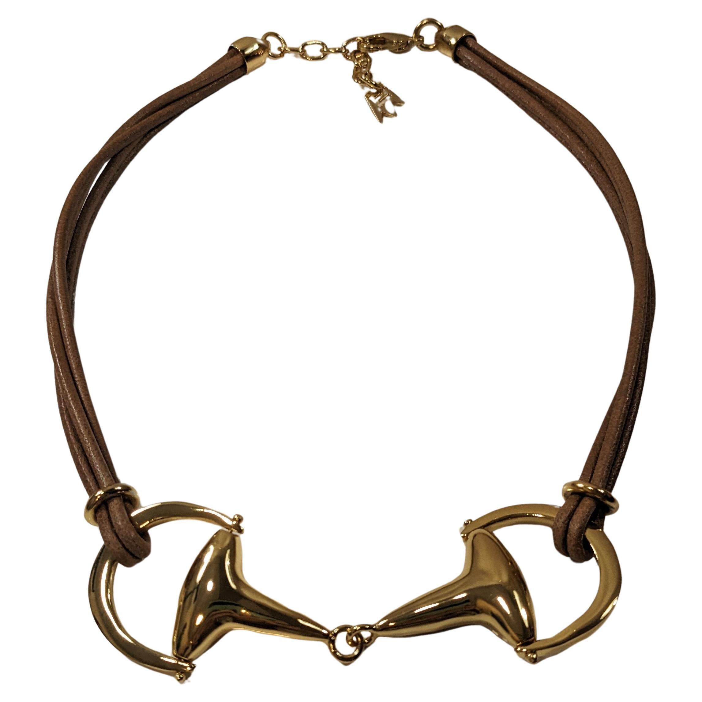 Horse Bit Maxi Gold-Plated and Leather Stirrup Necklace For Sale