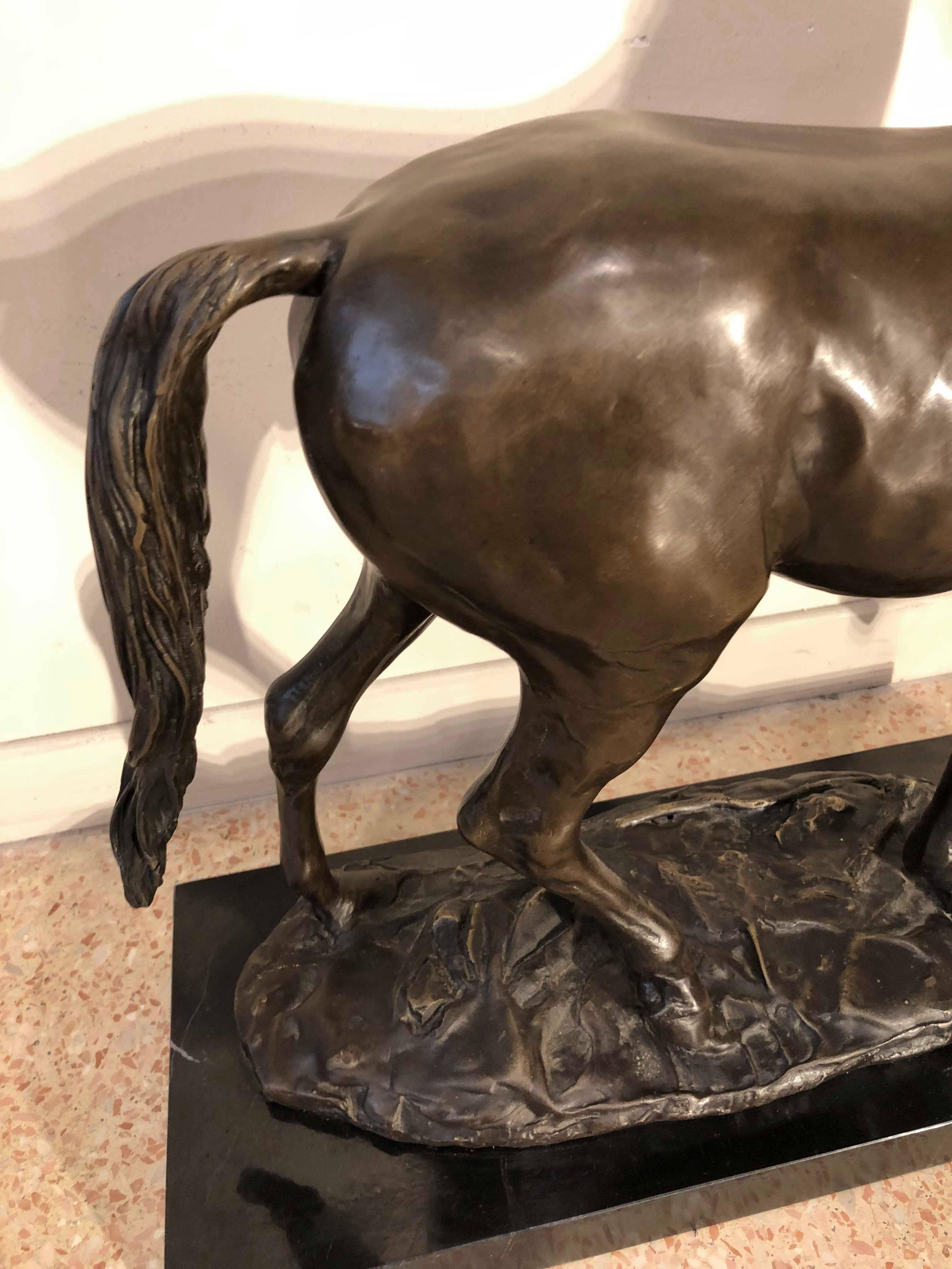 French Horse Bronze Sculpture, Signed Barye, Mid-19th Century