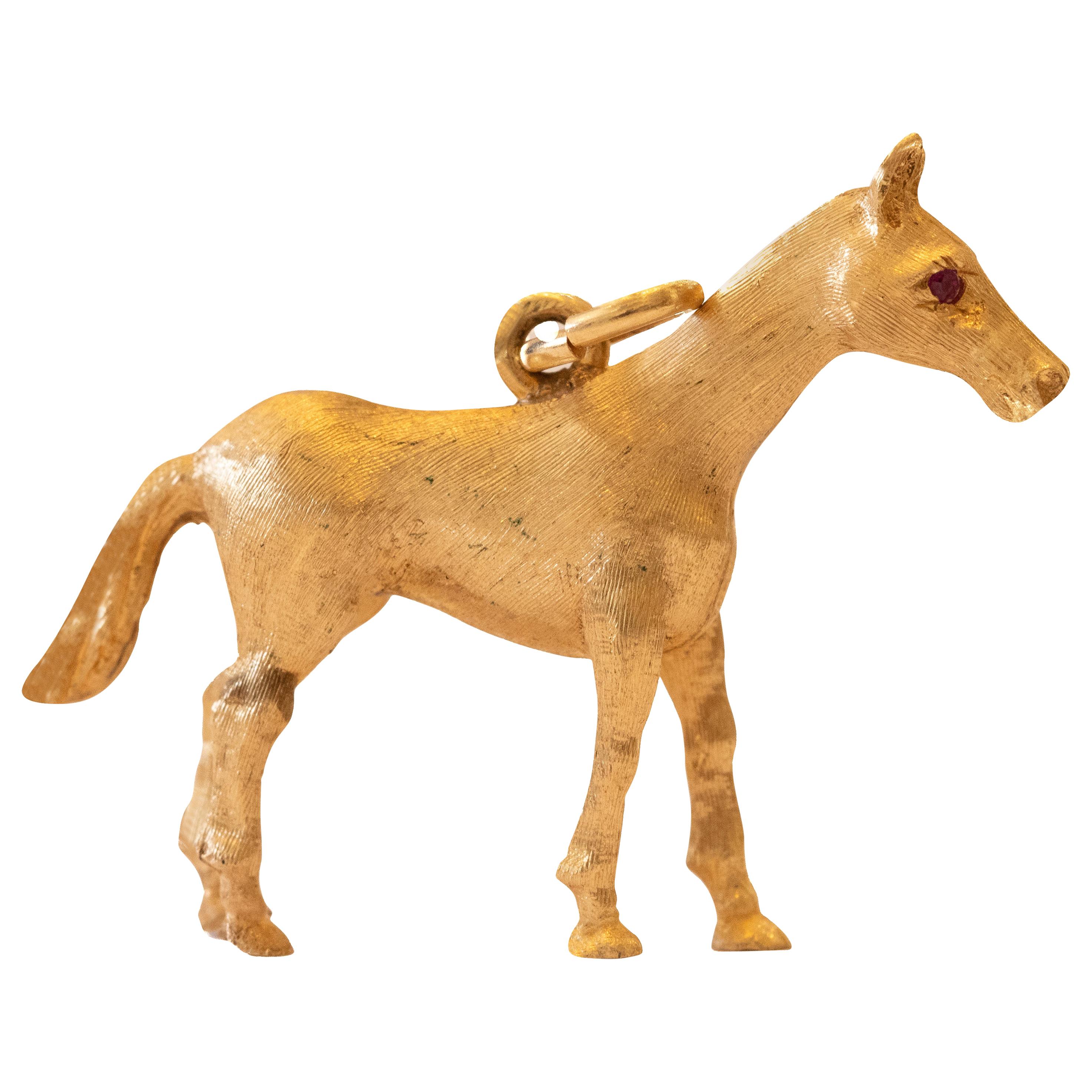 Horse Charm with Ruby Eyes, 14 Karat Yellow Gold
