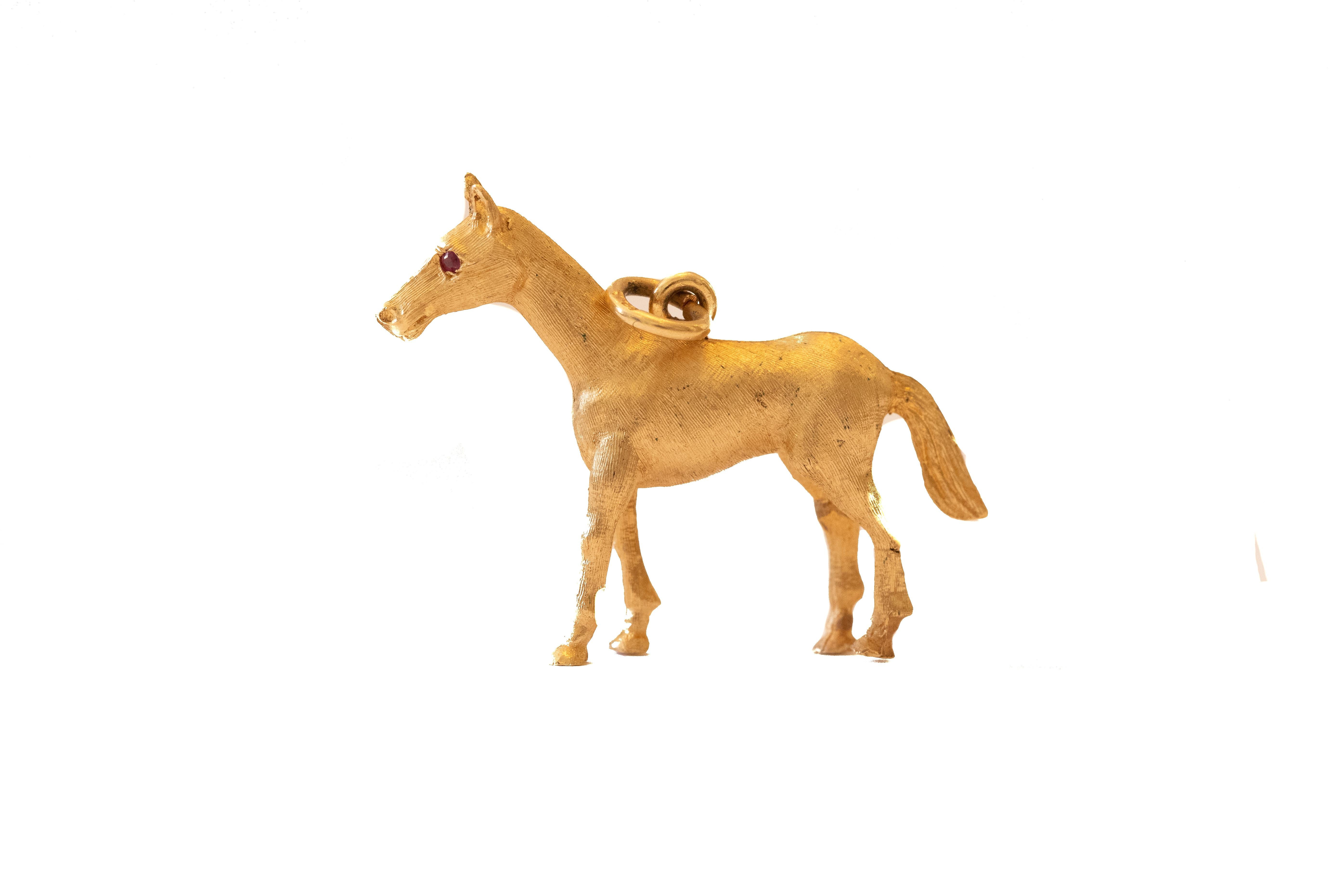 Horse Charm with Ruby Eyes, 14 Karat Yellow Gold 1