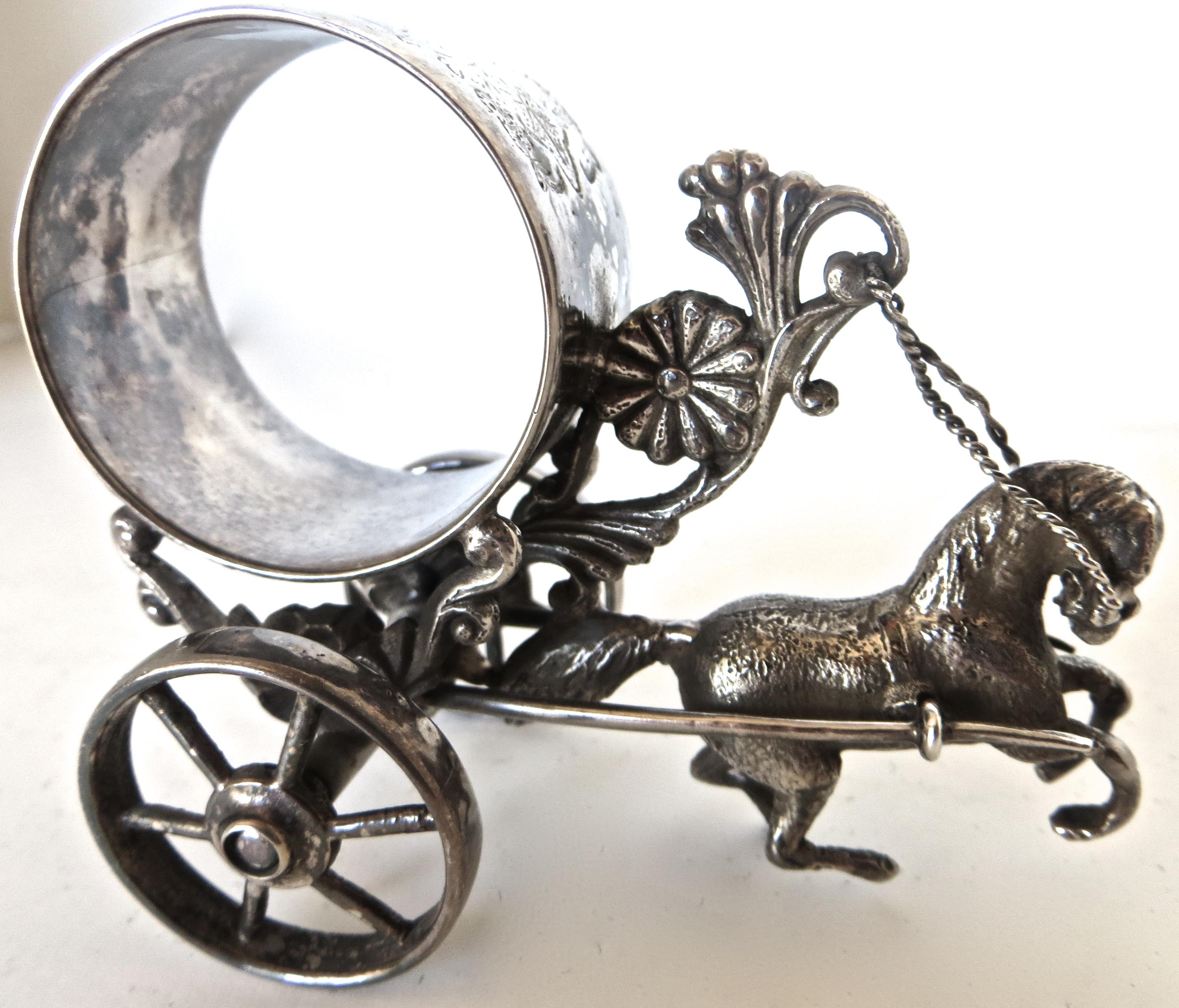 Late 19th Century Horse Drawn Silver Plated Figural Napkin Ring on Wheels. American, circa 1885