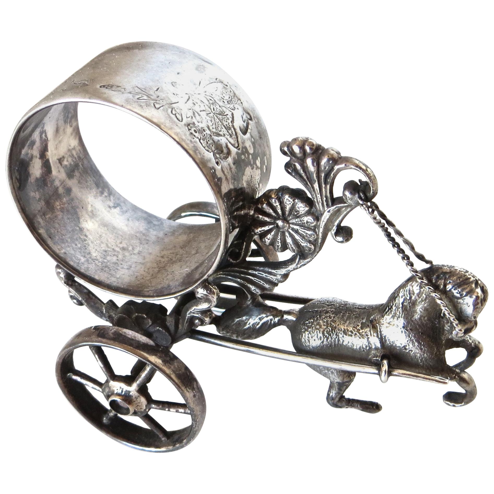Horse Drawn Silver Plated Figural Napkin Ring on Wheels. American, circa 1885