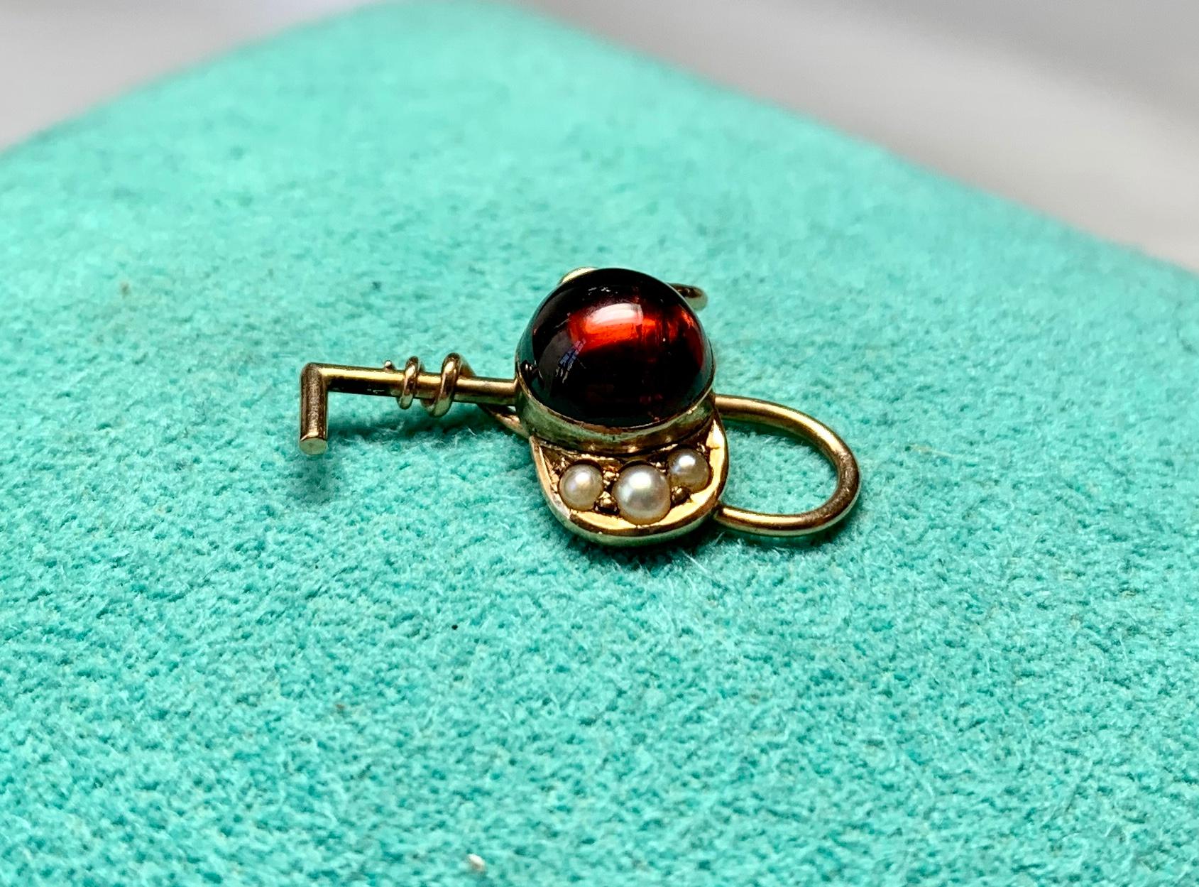 Victorian Horse Equestrian Hat Crop Garnet 14K Pearl Charm Pendant Necklace Hunting Riding For Sale