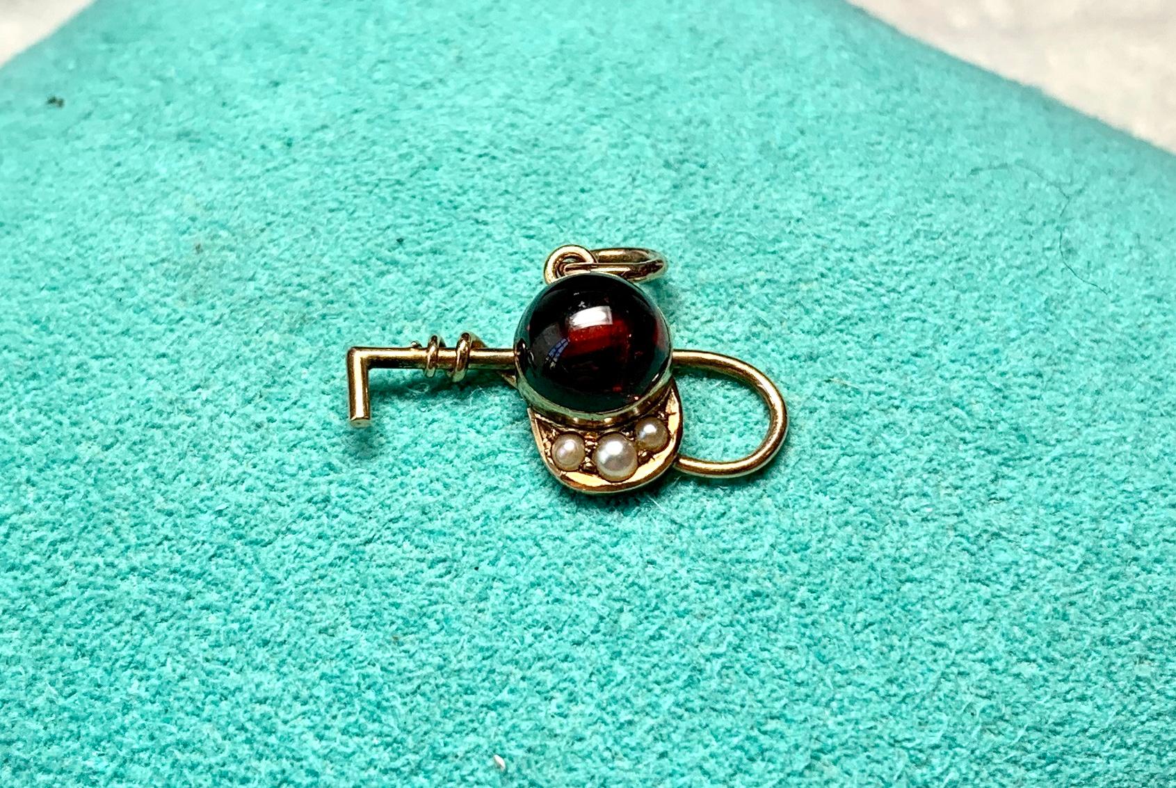 Round Cut Horse Equestrian Hat Crop Garnet 14K Pearl Charm Pendant Necklace Hunting Riding For Sale