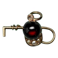 Antique Horse Equestrian Hat Crop Garnet 14K Pearl Charm Pendant Necklace Hunting Riding