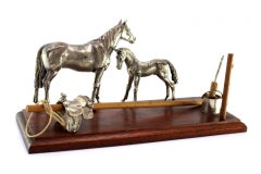 Horse & foal set w/ saddle & bucket w/ silver mop on a varnished wooden base