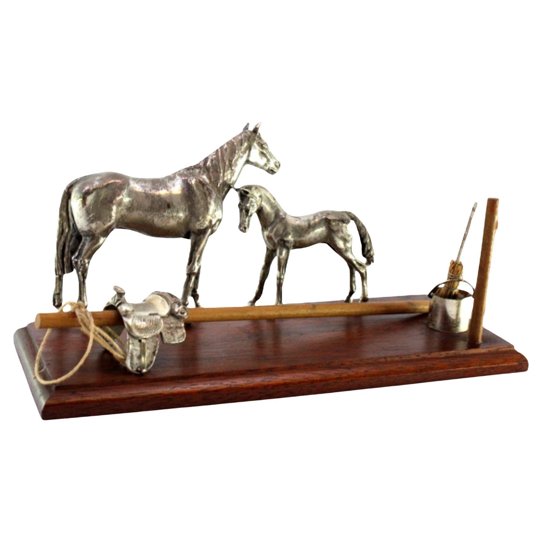 Horse 
foal set w/ saddle 
bucket w/ silver mop on a varnished wooden base en vente