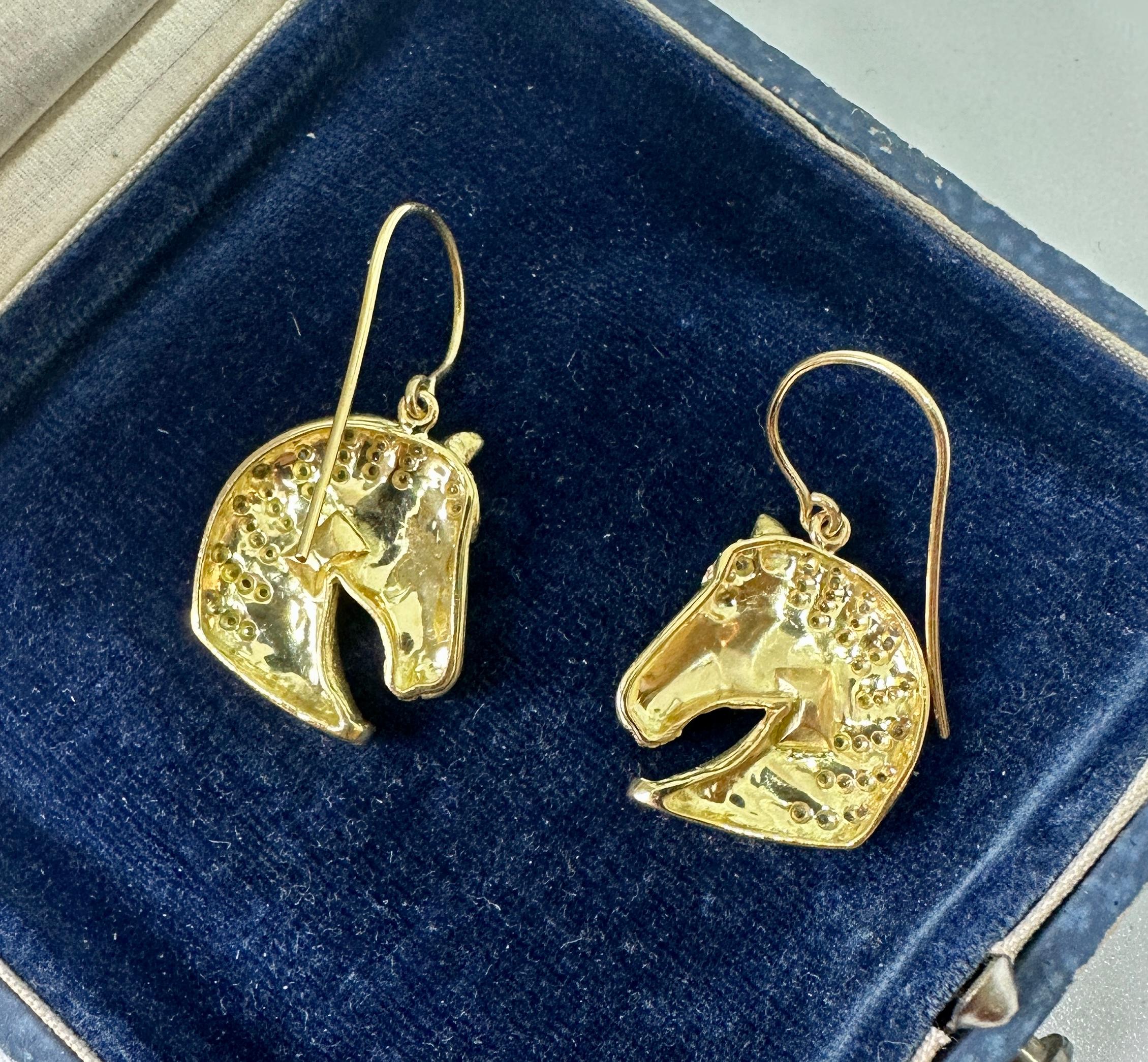 Orecchini con diamanti Testa di cavallo 80 Francia Oro 18 carati Dangle Drop Retro MidCentury in vendita 4