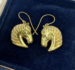 Horse Head 80 Diamond Earrings France 18 Karat Gold Dangle Drop Retro MidCentury