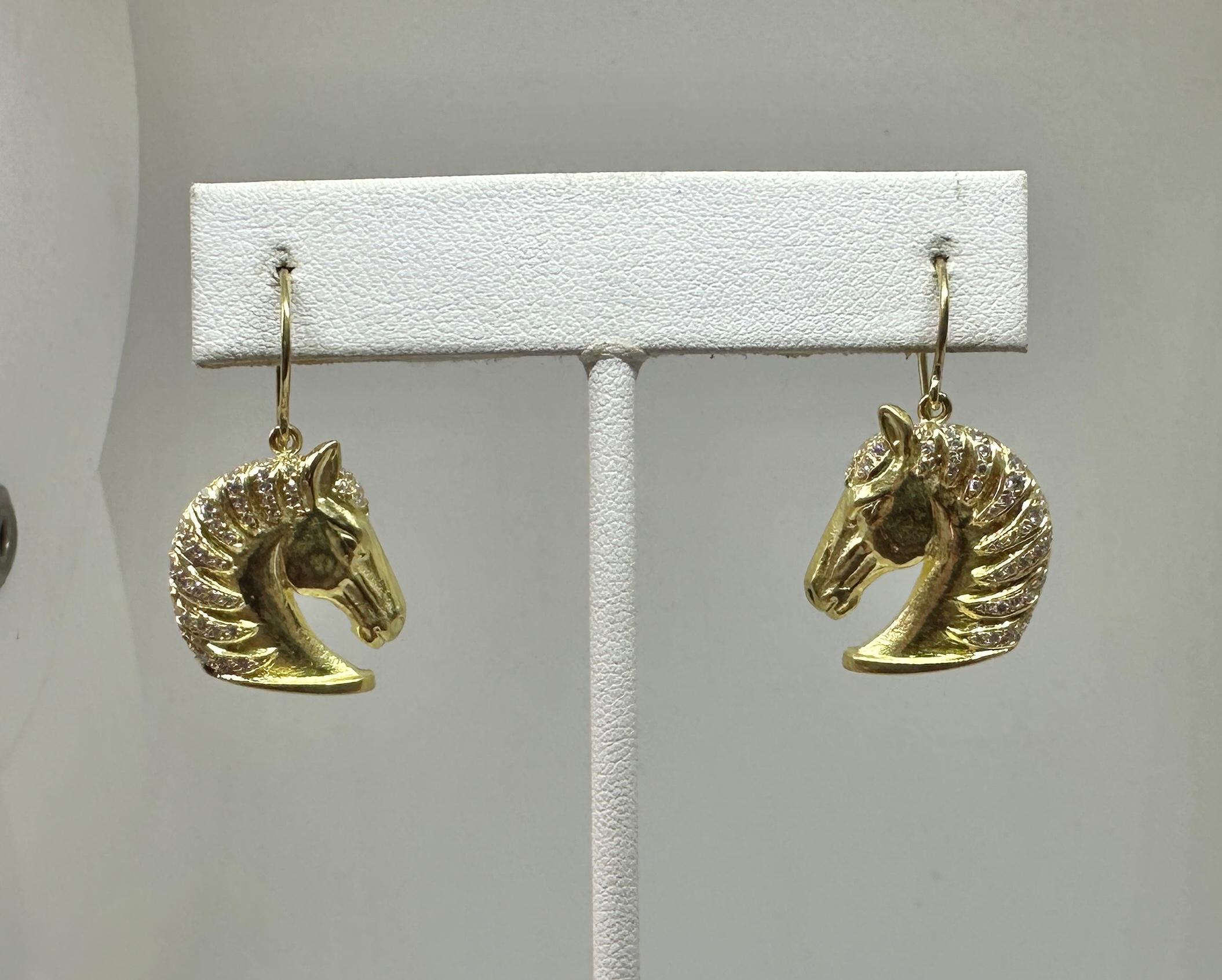 Orecchini con diamanti Testa di cavallo 80 Francia Oro 18 carati Dangle Drop Retro MidCentury in vendita 1