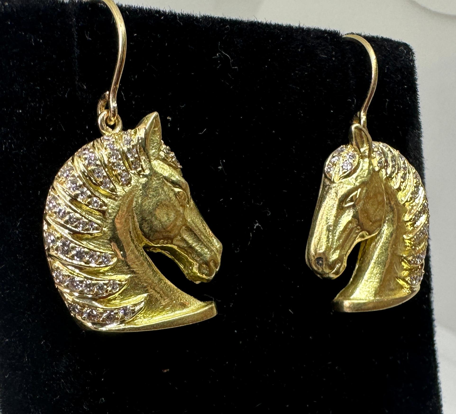 Orecchini con diamanti Testa di cavallo 80 Francia Oro 18 carati Dangle Drop Retro MidCentury in vendita 2
