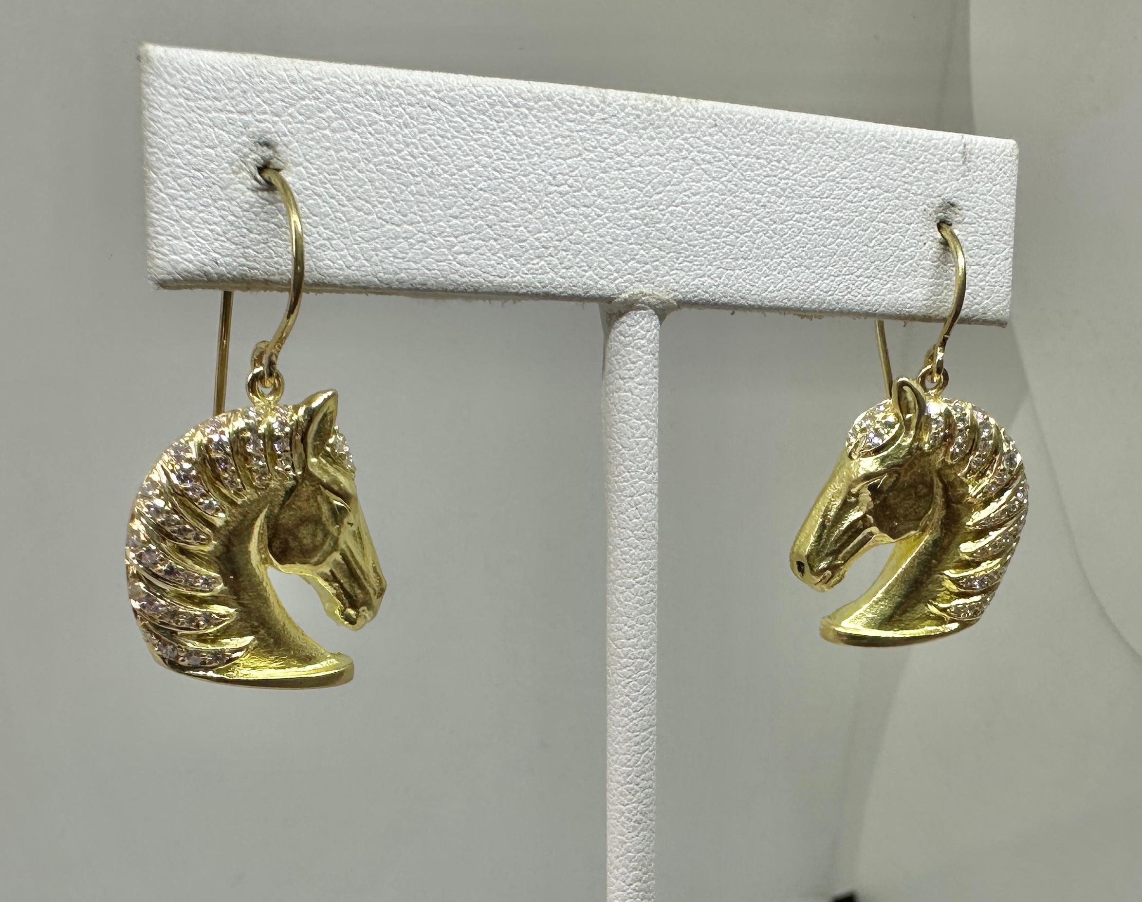 Orecchini con diamanti Testa di cavallo 80 Francia Oro 18 carati Dangle Drop Retro MidCentury in vendita 3