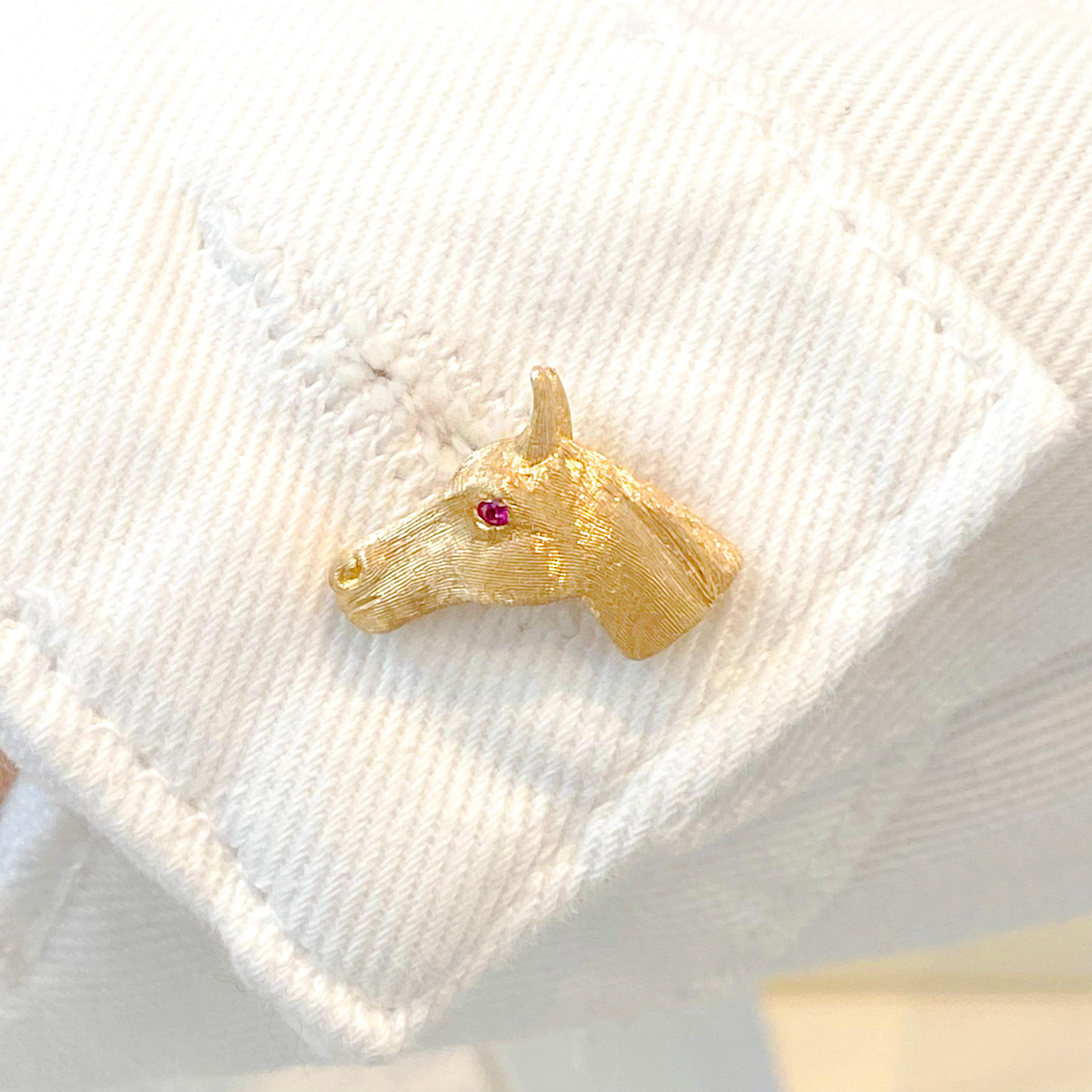 Round Cut Horse Head and Ass Cufflinks w Ruby Eyes in Solid 14 K Yellow Gold Equestrian For Sale