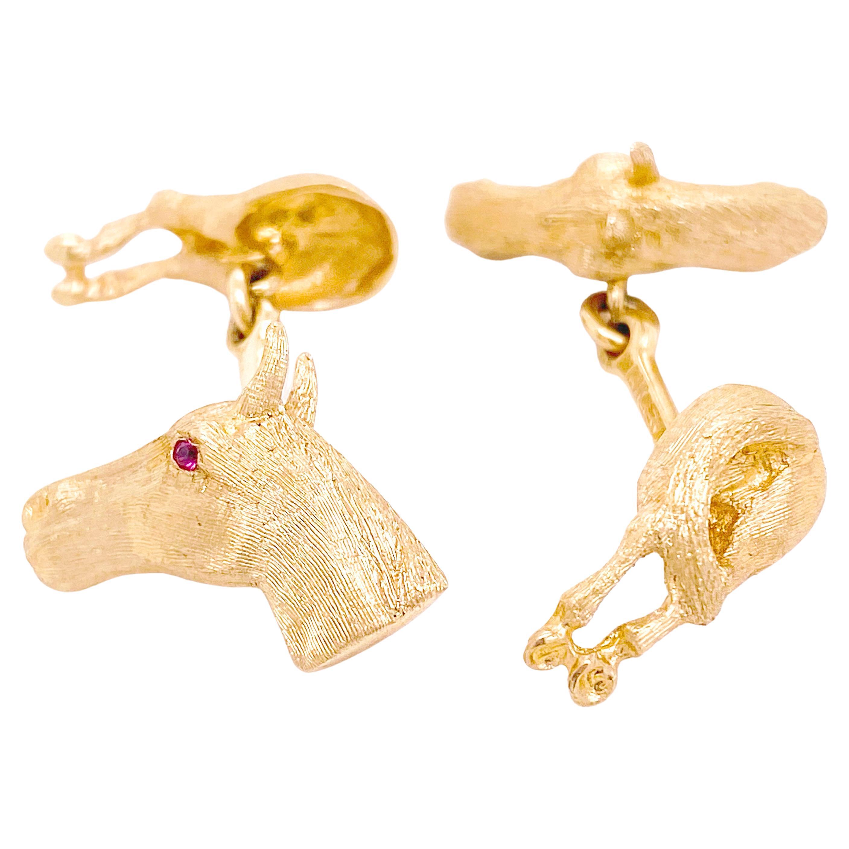 Horse Head and Ass Cufflinks w Ruby Eyes in Solid 14 K Yellow Gold Equestrian For Sale