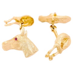 Horse Head and Ass Cufflinks w Ruby Eyes in Solid 14 K Yellow Gold Equestrian