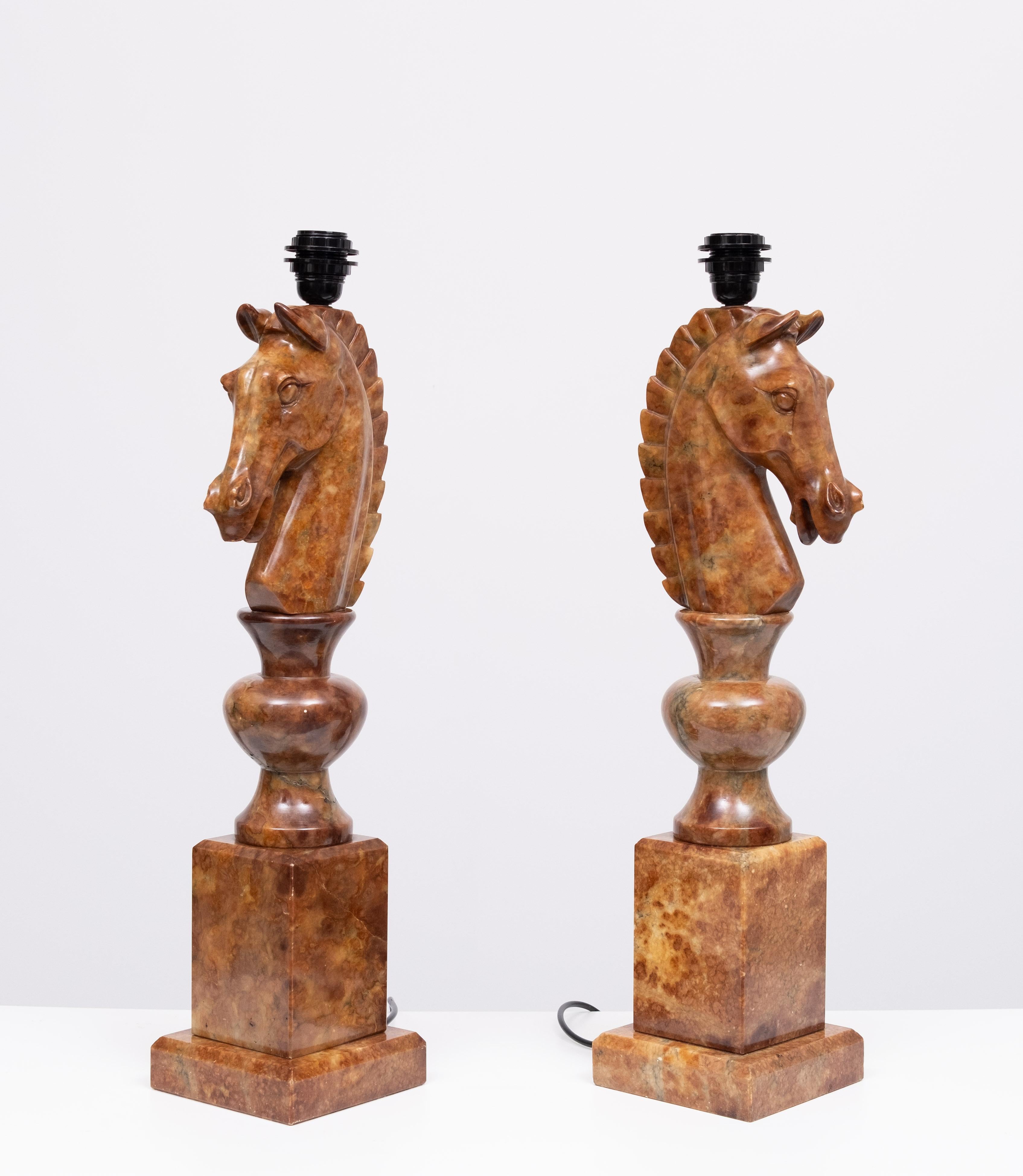 Large Horse Head Chess Knights Carved Alabaster Lamps Italy 1960s For Sale 3