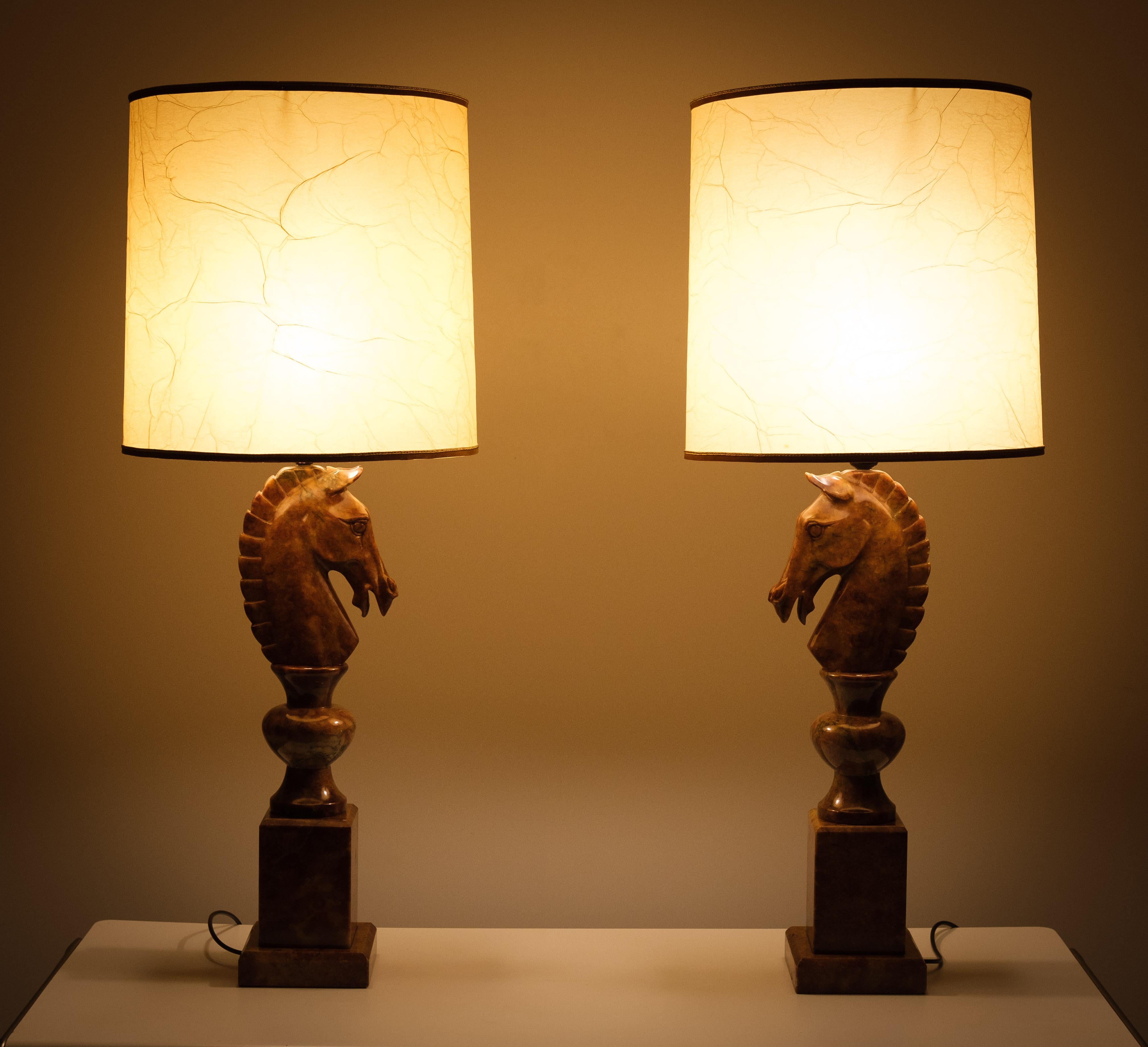 Large Horse Head Chess Knights Carved Alabaster Lamps Italy 1960s For Sale 5