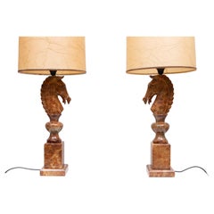 Large Horse Head Chess Knights Carved Alabaster Lamps Italy 1960s